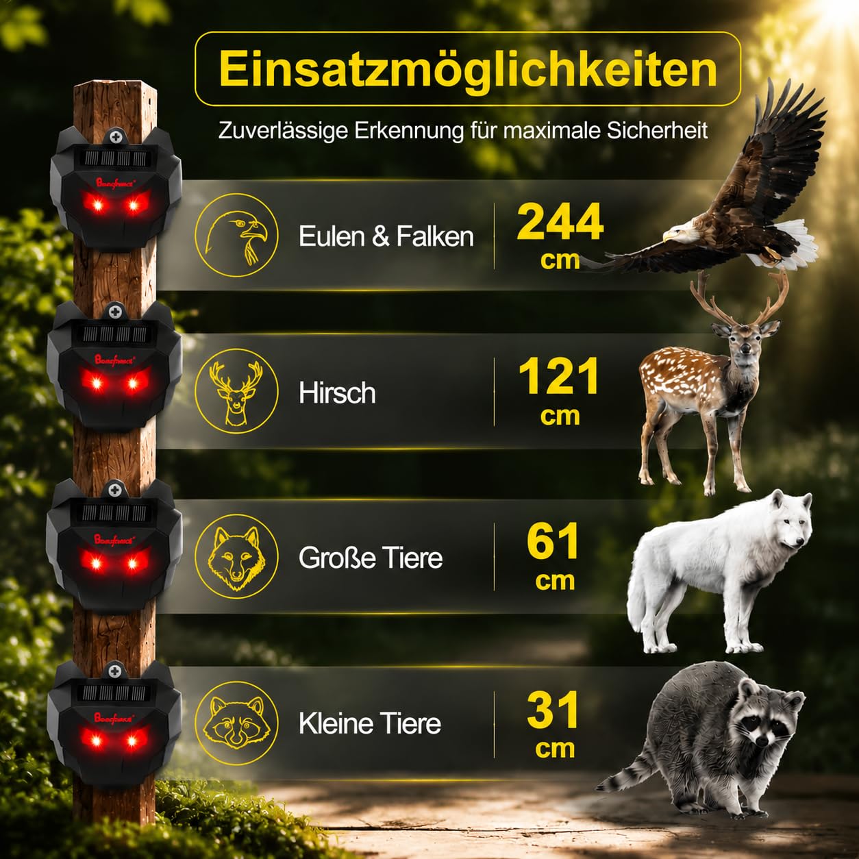 Genieforce® solarny odstraszacz zwierząt z czerwonymi diodami LED, odstraszacz zwierząt, przeciwko dzikim zwierzętom, drapieżnikom, kunom, lisom, szopom praczom, zasilaniu energią słoneczną na