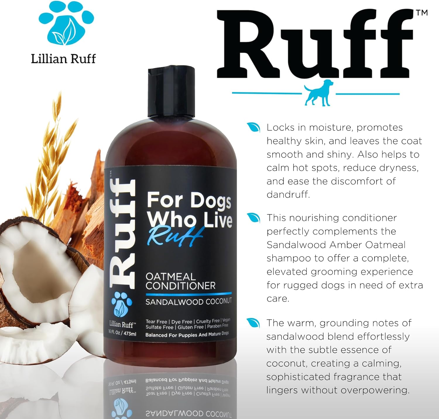 Ruff by Lillian Ruff De-Shedding Shampoo & Oatmeal Conditioner | Coconut Lime & Sandalwood Coconut | Vitamin E, Omega-3, Aloe & Coconut Oil | Moisturizing, Soothing, Deodorizing | Made in USA