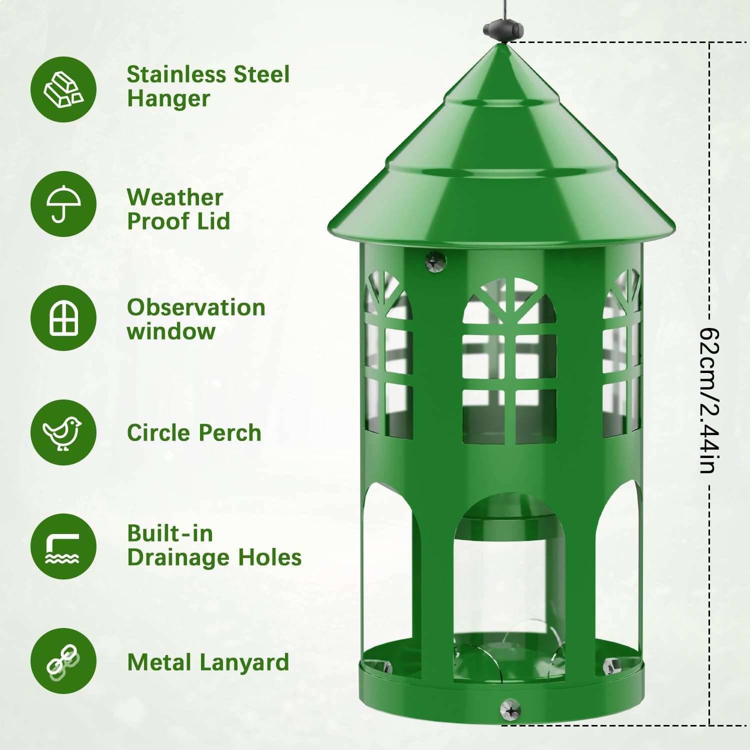 Metal Bird Feeder for Outdoor Hanging, Large Capacity Wild Bird Feeder with Weatherproof Roof & Squirrel-Proof Design, Easy to Fill & Clean, Ideal for Cardinals, Finches, and Blue Jays