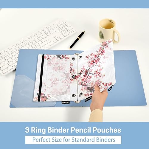 Miniatura 5 de Estuche para lápices de flores de cerezo para carpeta de 3 anillos con cremallera, bolsa transparente para lápices para oficina diaria, paquete de 2