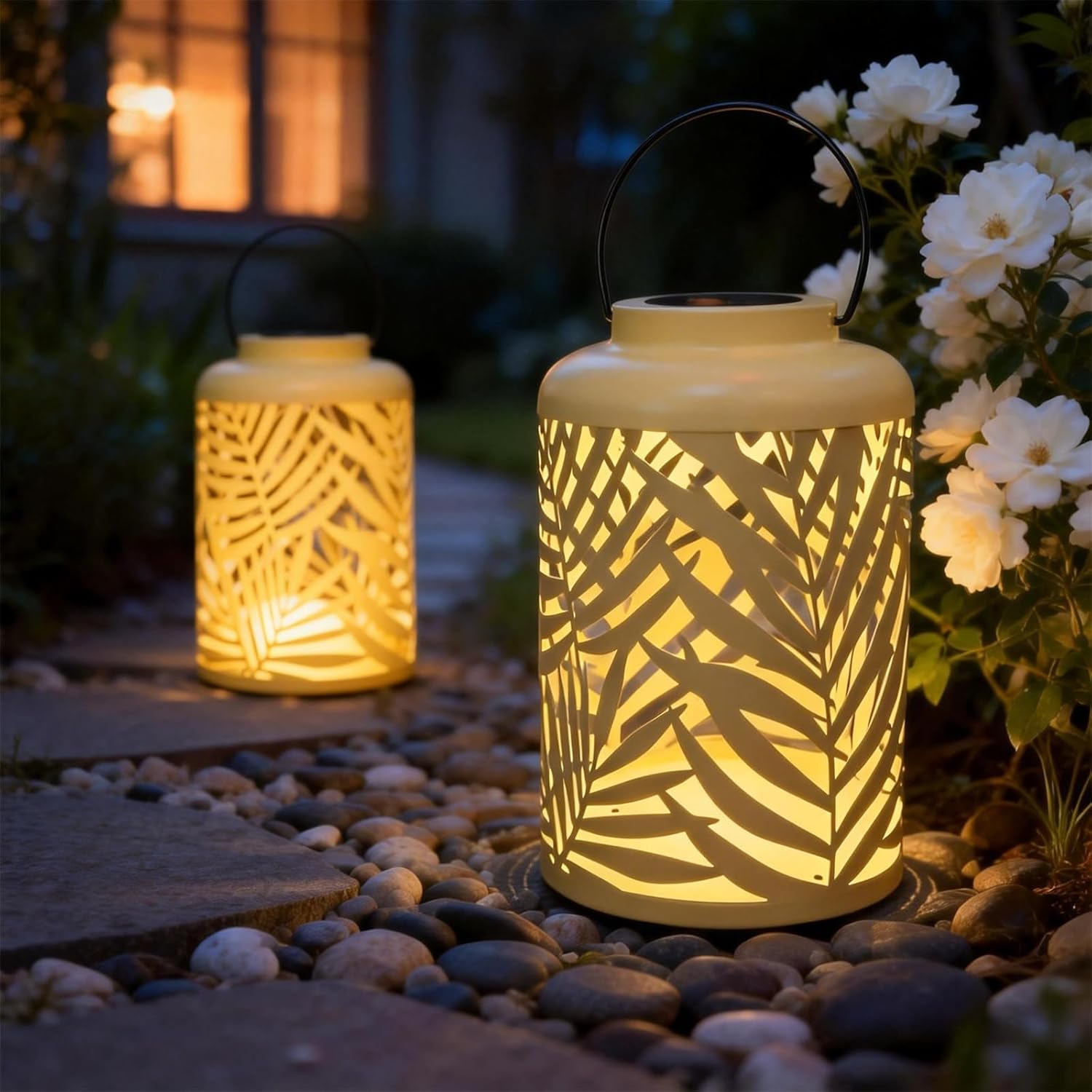Solar Lantern Outdoor Waterproof Lanterns, 2 Pack Metal Leaf Projection Hanging Lanterns Decorative Lantern for Patio Garden Yard Backyard Front Porch (Yellow)