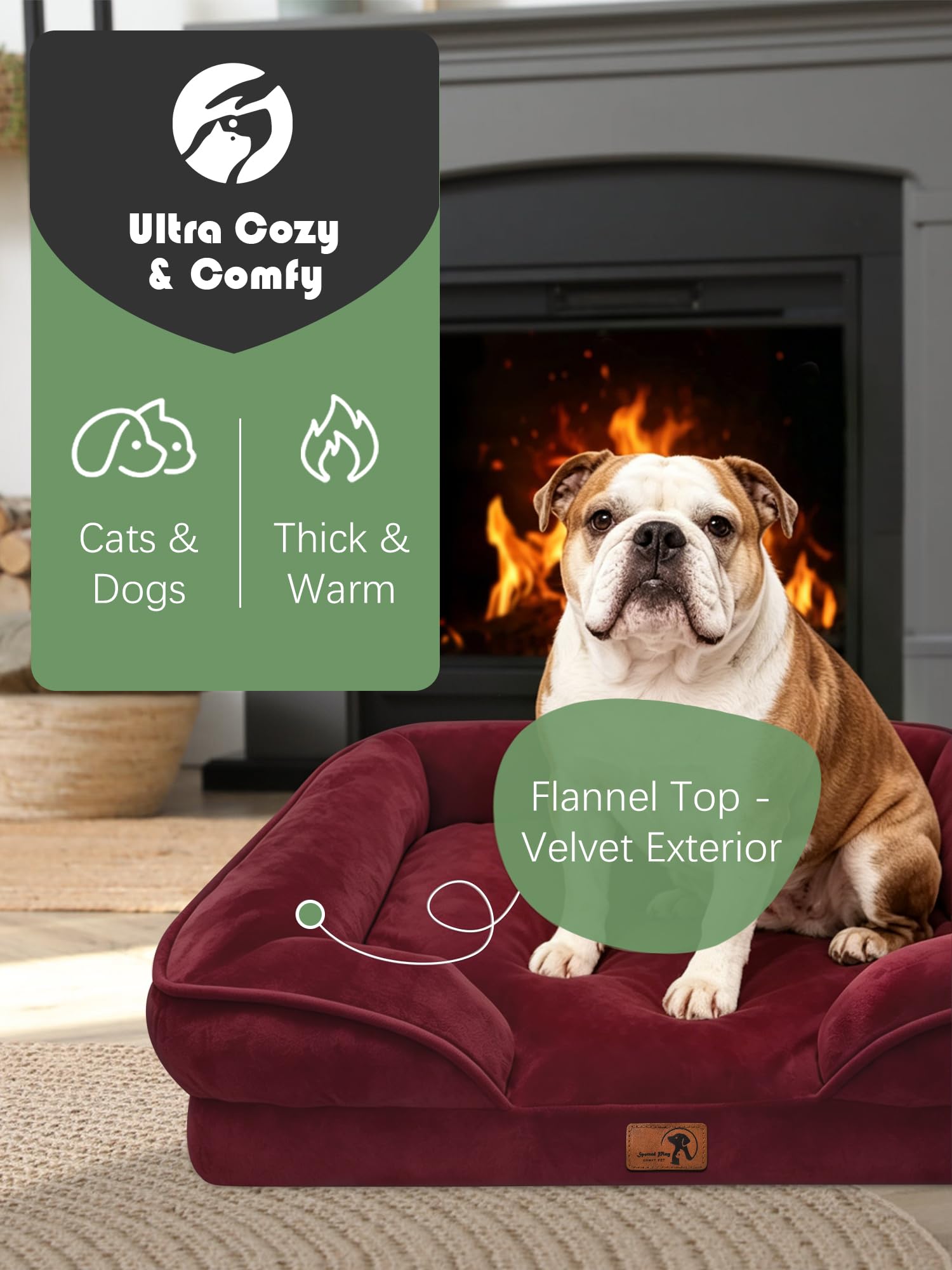 Spotted Play Orthopedic Dog Bed with Sides - Sofa Beds for Large Dogs, Supportive Foam Pet Couch Bed with Washable Removable Cover, Waterproof Lining and Non-Slip Bottom, Burgundy - L view 2