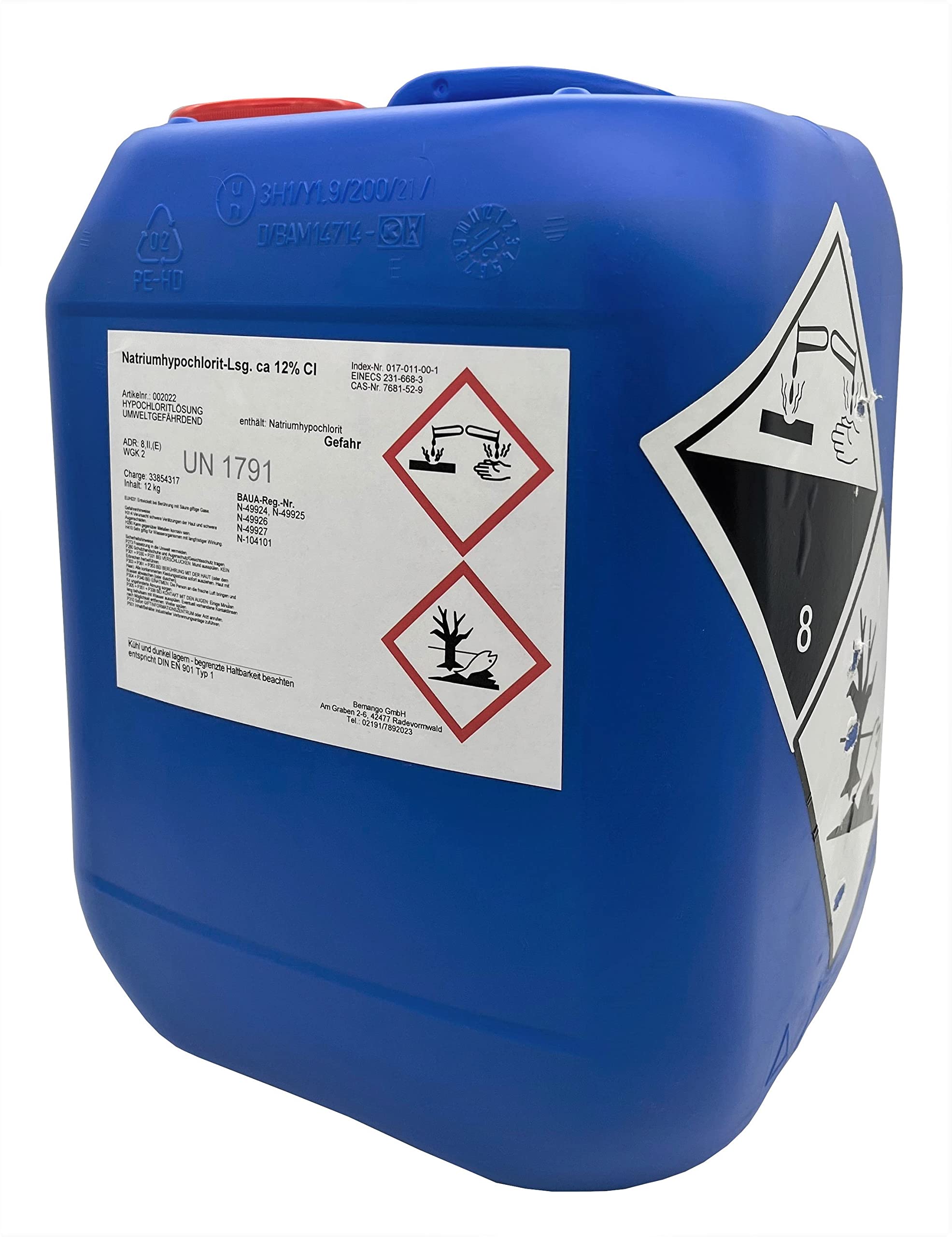 Chlorbleichlauge Natriumhypochloritlösung ca. 12%, 10 Liter | Flüssig, Trinkwasser und Pool Desinfektion, Keimabtötung, 12 kg Kanister, 1er Pack