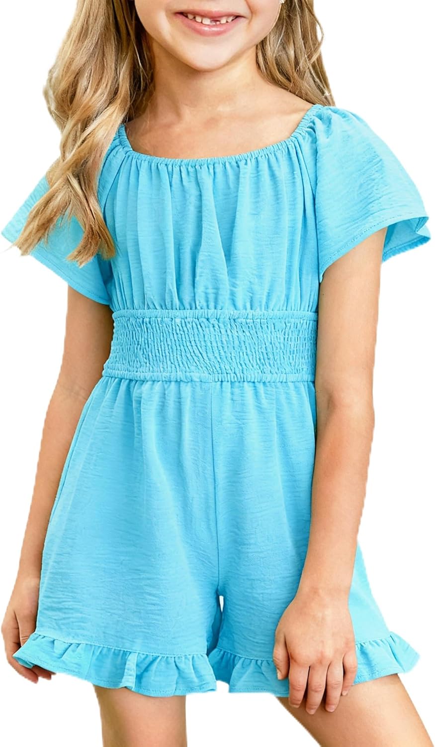 Arshiner Girls Summer Jumpsuits Tie Back Off Shoulder Short Sleeve One Piece Rompers Ruffle Smocked Casual Shorts Outfits