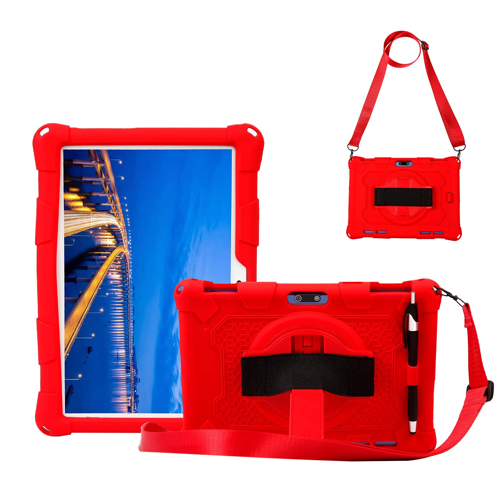 Case for Max10 Plus Tablet,Silicone Case for ZONKO K105 10.1, Foren-Tek, MEIZE 10 inch Tablet with Hand Strap Shoulder Belt Rotatable Stand Cover (Red)