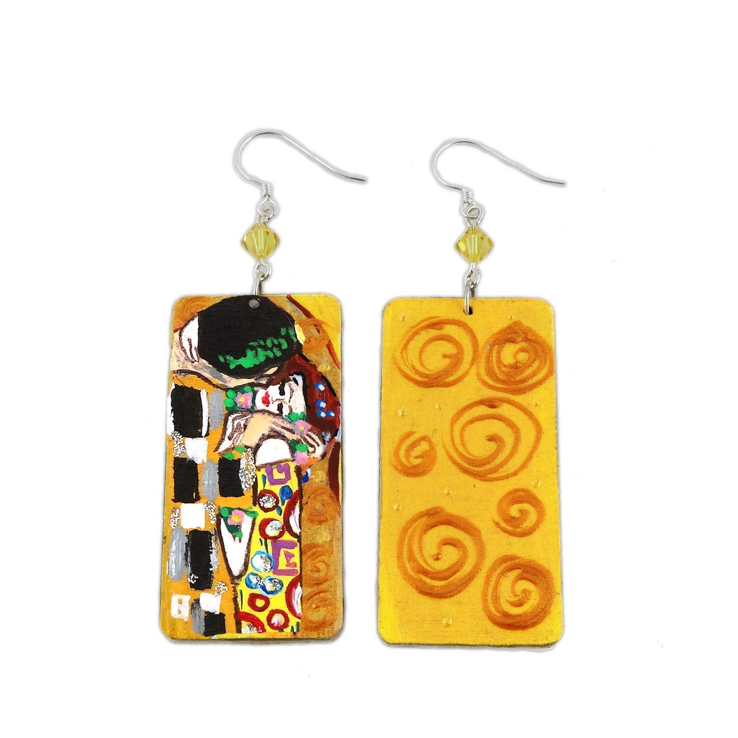 Boucles d'oreilles peintes à la main - LE BAISER DE GUSTAV KLIMT - Boucles d'oreilles pendantes pour femme, Bijoux en bois peints à la main, Crochet en argent, Fabriqué en Italie, Bijoux pour femmes