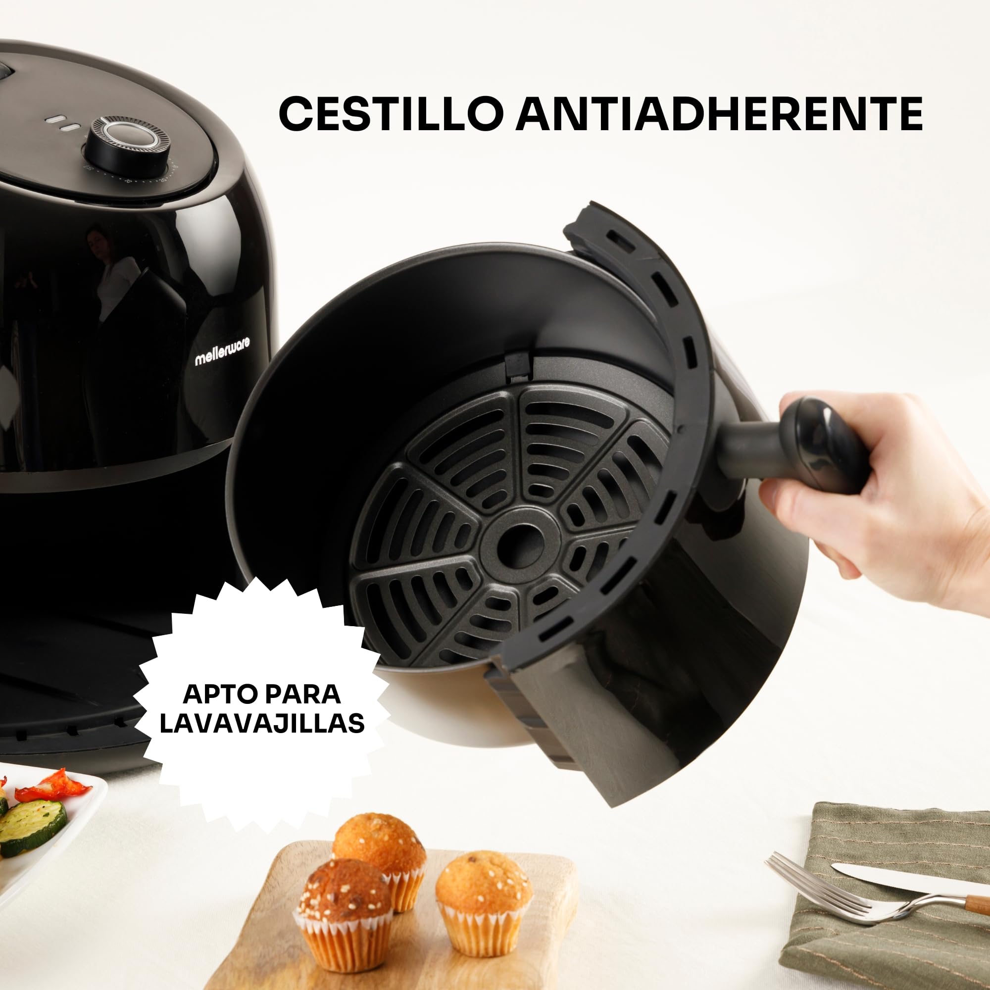 Mellerware - Freidora sin Aceite Crunchy Medium 1000W, 3,5 l, Temporizador Programable, Air Fryer 80-200ºC, Sin BPA/PFOA, Freidora de Aire Análogica, Negro