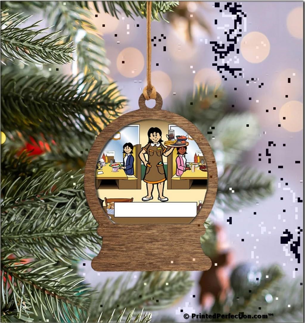 PrintedPerfection.com Personalized Waitress, Casual Dining Wooden Snow Globe Shaped Christmas Ornament