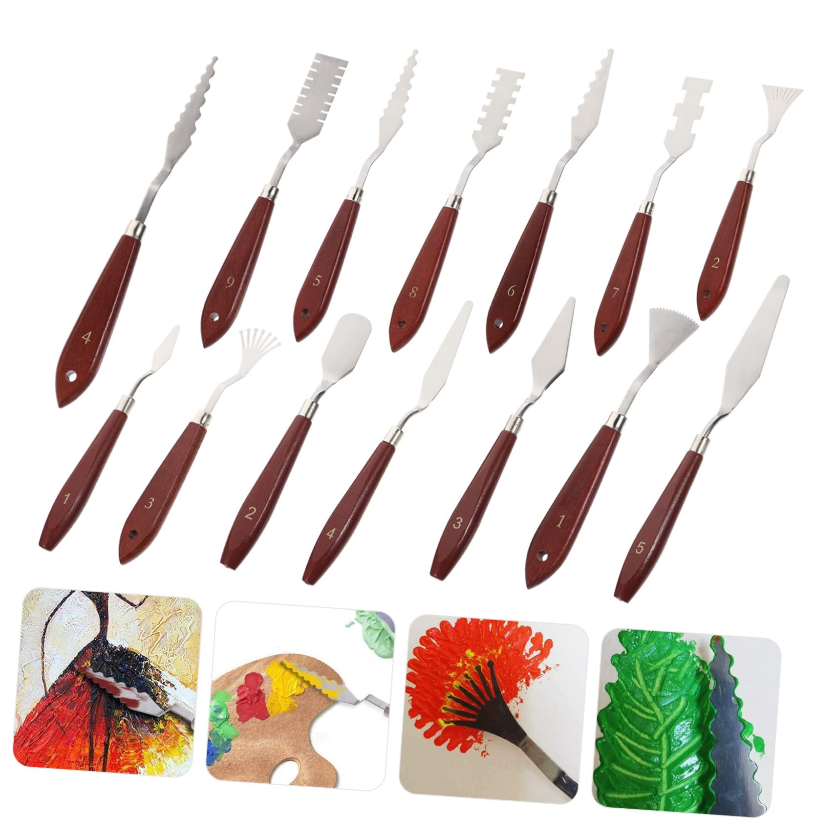 Set di Spatole per Pittura ad Olio 14 Pezzi in Acciaio Inox Marrone | Strumenti per Miscelazione e Raschietto per Vernice, per Pittura Acrilica, Formato Set Completo, Finitura Marrone
