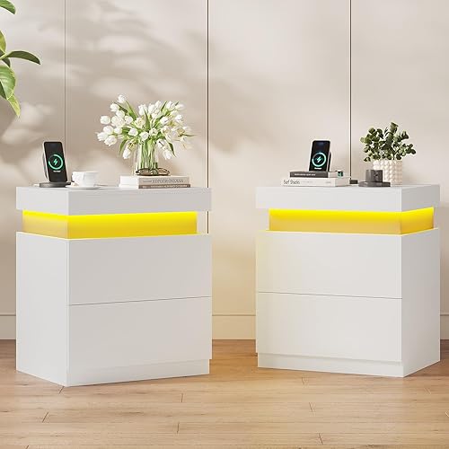 Miniatura 8 de ADORNEVE Mesita de noche blanca con estación de carga y luces LED, mesita de noche con parte superior deslizante, mesita de noche con 2 cajones,
