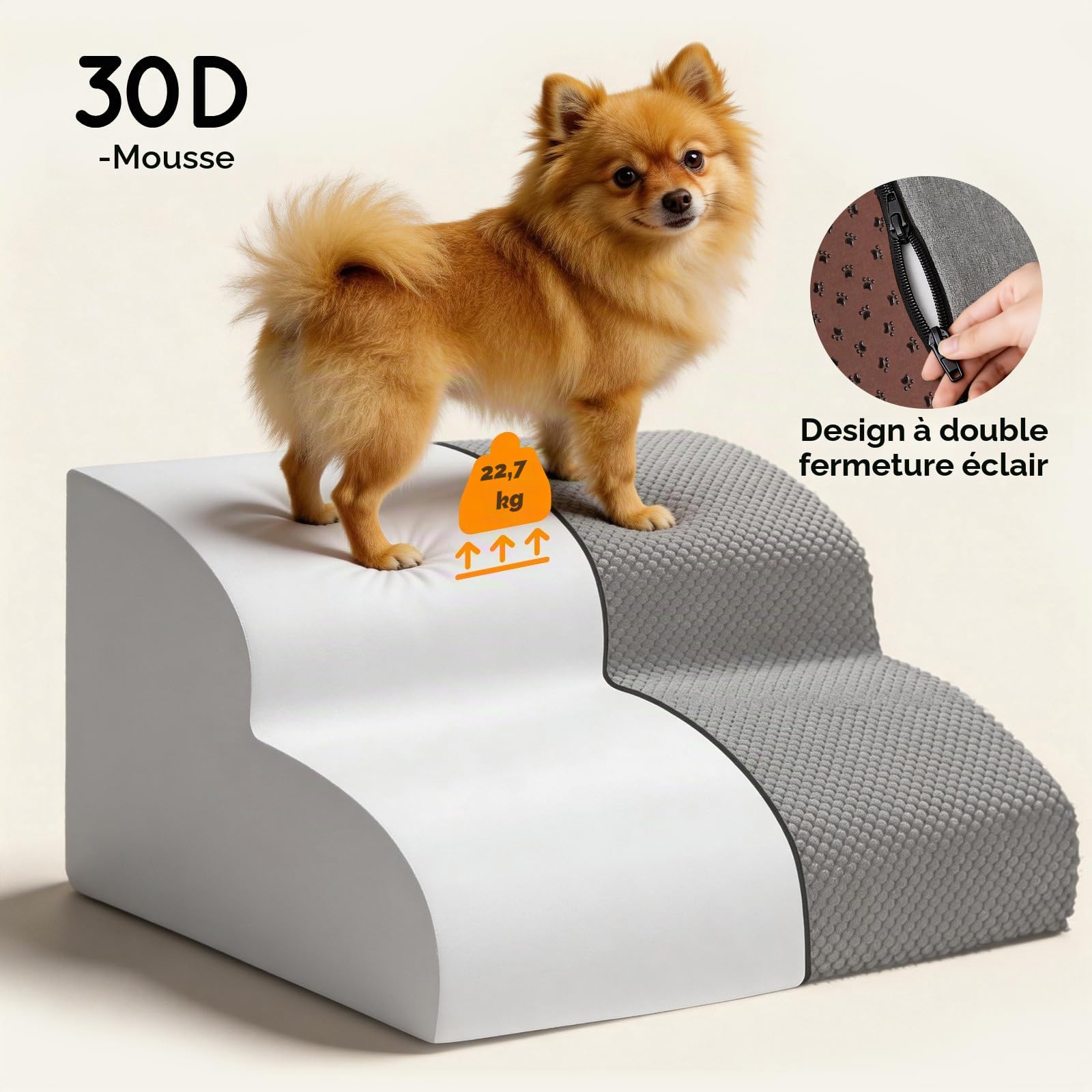 Escalier pour Chien à 2 Marches, Escalier en Mousse pour Chien Haute Densité avec Housse en Tissu Amovible et Lavable, Antidérapante Rampe Animaux pour Chiots et Animaux Agés, Gris