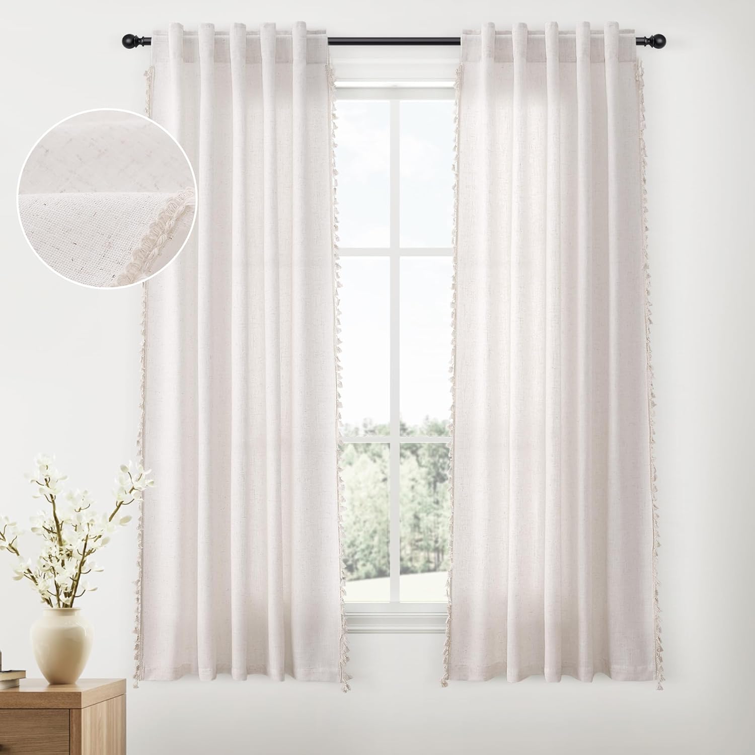 Cream Boho Linen Curtains 45 Inches Long 2 Panels Semi Sheer Curtain Tassel Rod Pocket Back Tab Light Filtering Neutral Farmhouse Bohemian Drapes for Living Room Bedroom 38x45