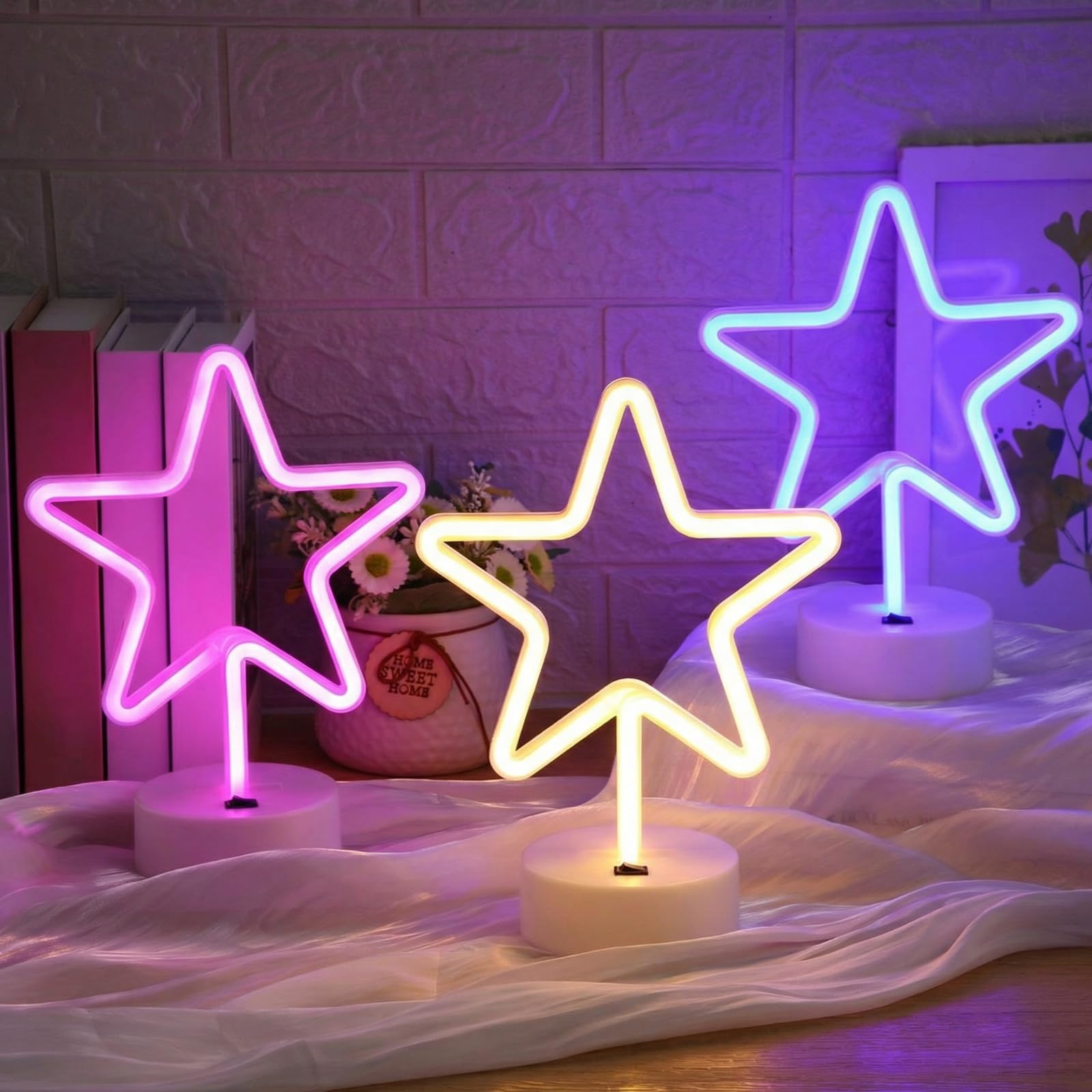 3 szt. neonowy znak w kształcie gwiazdy z podstawą, Boże Narodzenie, lampki LED, prezent, bateria i zasilacz USB, na biurko, dekoracja urodzinowa, dekoracja imprezowa, dom, sypialnia, hotel