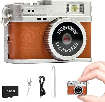 Mini Retro Camera,1080P Keychain Camera, Vintage Tiny Digital Video Recorder with 32GB Card, 0.96'' HD Retro Snap Micro Recorder for Travel StudyBrown