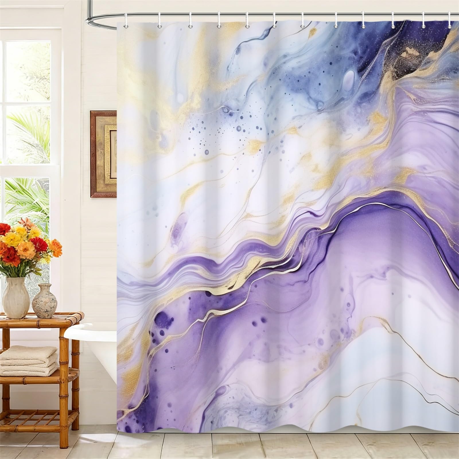 Kzzfqxb 183x213cm Shower Curtains with Plastic Hooks, Waterproof Occluded Purple Blue Marble Texture Golden Curve Lines Ocean Wave Art Pattern for Bath, Polyester Fabric for Bathroom Bathtub — image 1