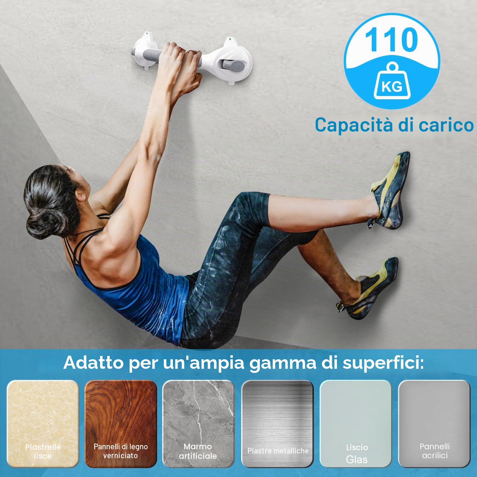 2* maniglie per doccia senza fori, 38 cm, per anziani, con ventosa fino a 110 kg, maniglia per vasca da bagno con allarme di aspirazione, maniglia portatile per doccia scivolo, grigio