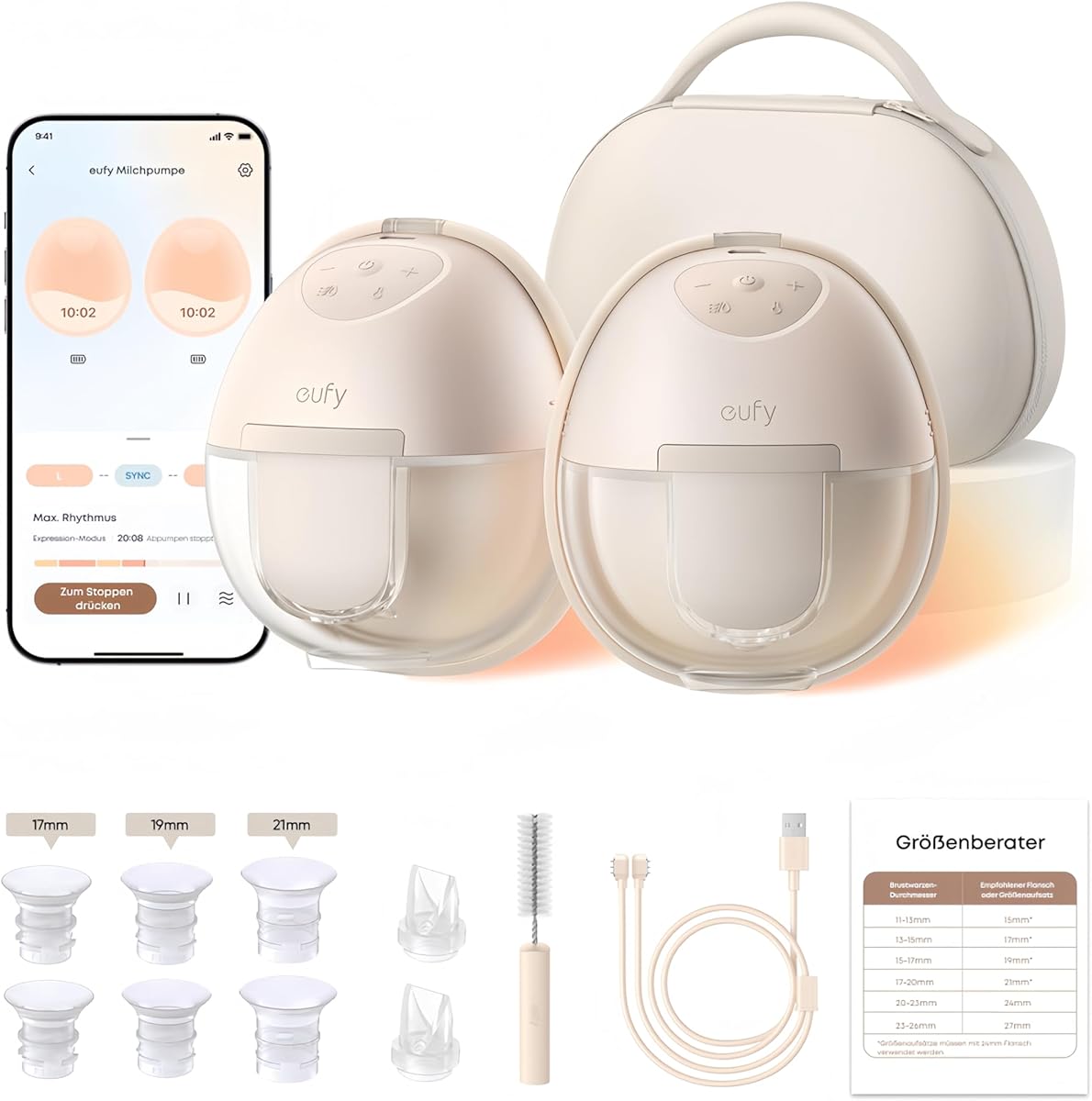 eufy Tragbare Milchpumpe mit Wärmefunktion S1 Pro, Schlank & Freihändig mit branchenführender HeatFlow-Technologie, Kabelloses Ladecase, App-gesteuertes OptiRhythm, Klinische Saugkraft, Für den BH