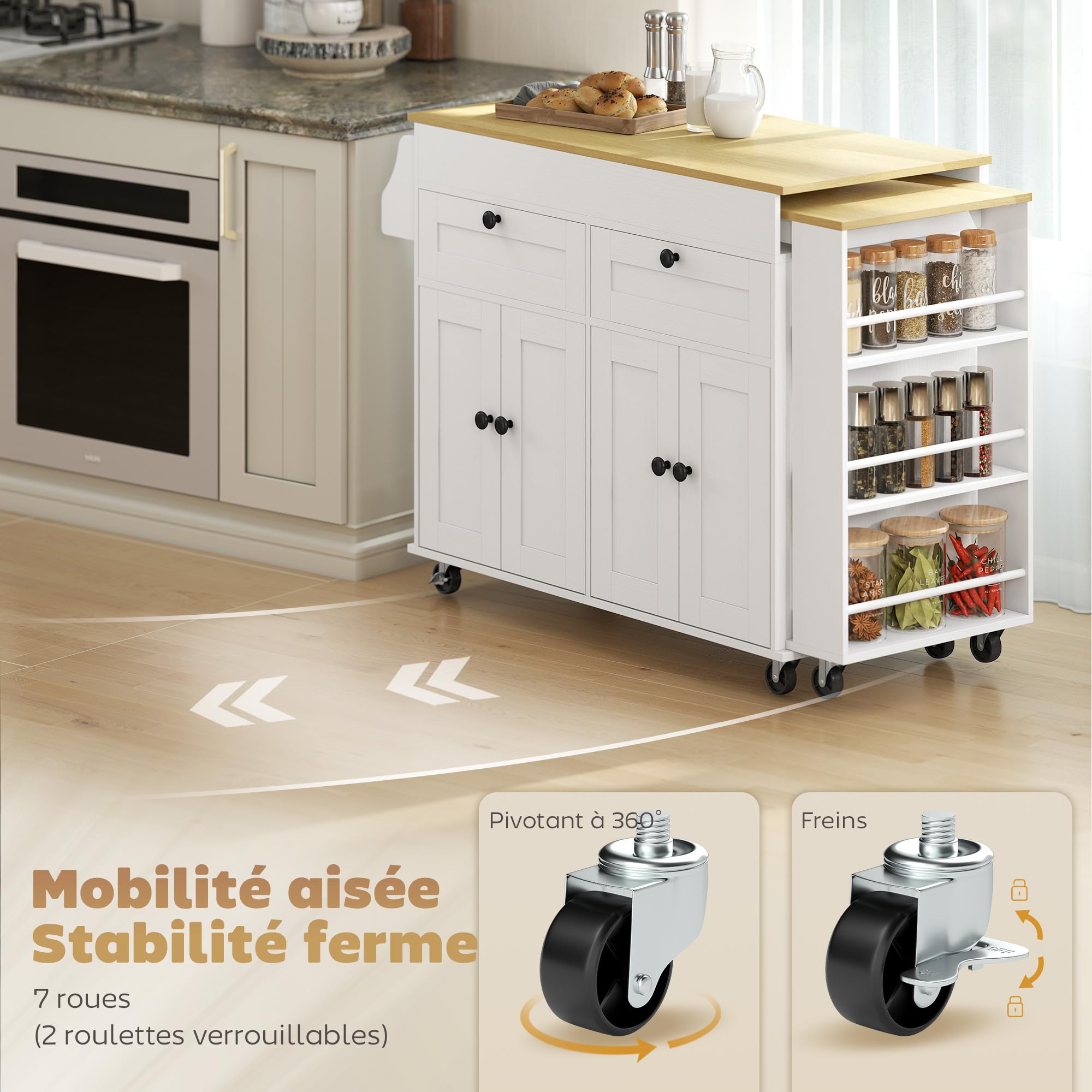 HOMCOM Îlot Central Cuisine avec Plateau Extensible, Desserte de Cuisine sur roulettes avec 2 Tiroirs, 4 Portes, Porte-Serviettes et Porte-Épices, Style Rustique,127,2-189,2 x 50 x 87,8 cm, Blanc