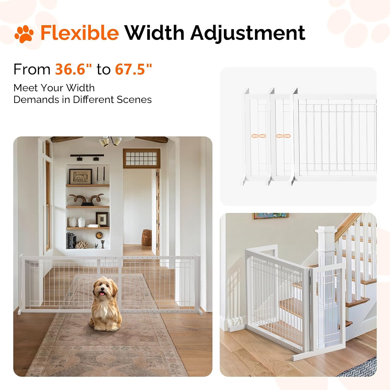 VINGLI Free Standing Pet Gate, 37" - 68" Wide Metal Dog Gate for Stairs Doorways Fireplace, Adjustable Pet Fence Indoor, Christmas Tree Gate (White)