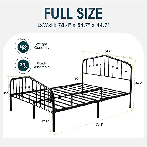 Miniatura 14 de WEEWAY Marco de cama de plataforma de metal tamaño Queen con cabecera y estribo de hierro forjado de estilo vintage, no necesita somier, fácil