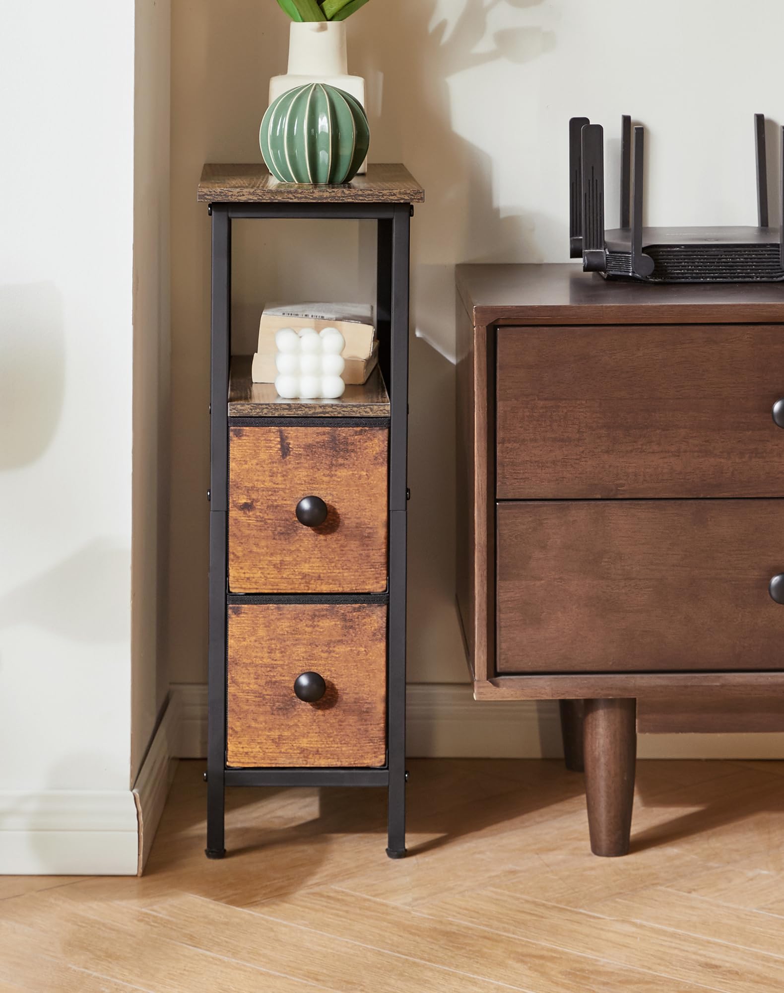 YMYNY Tables d'appoint Minces 2 pièces, Table de Chevet Ultra-Fine avec 2 tiroirs en Tissu, Table de Nuit pour Petits espaces,Bout de canapé pour Chambre à Coucher ou Salon, Brun Vintage HST019H-2