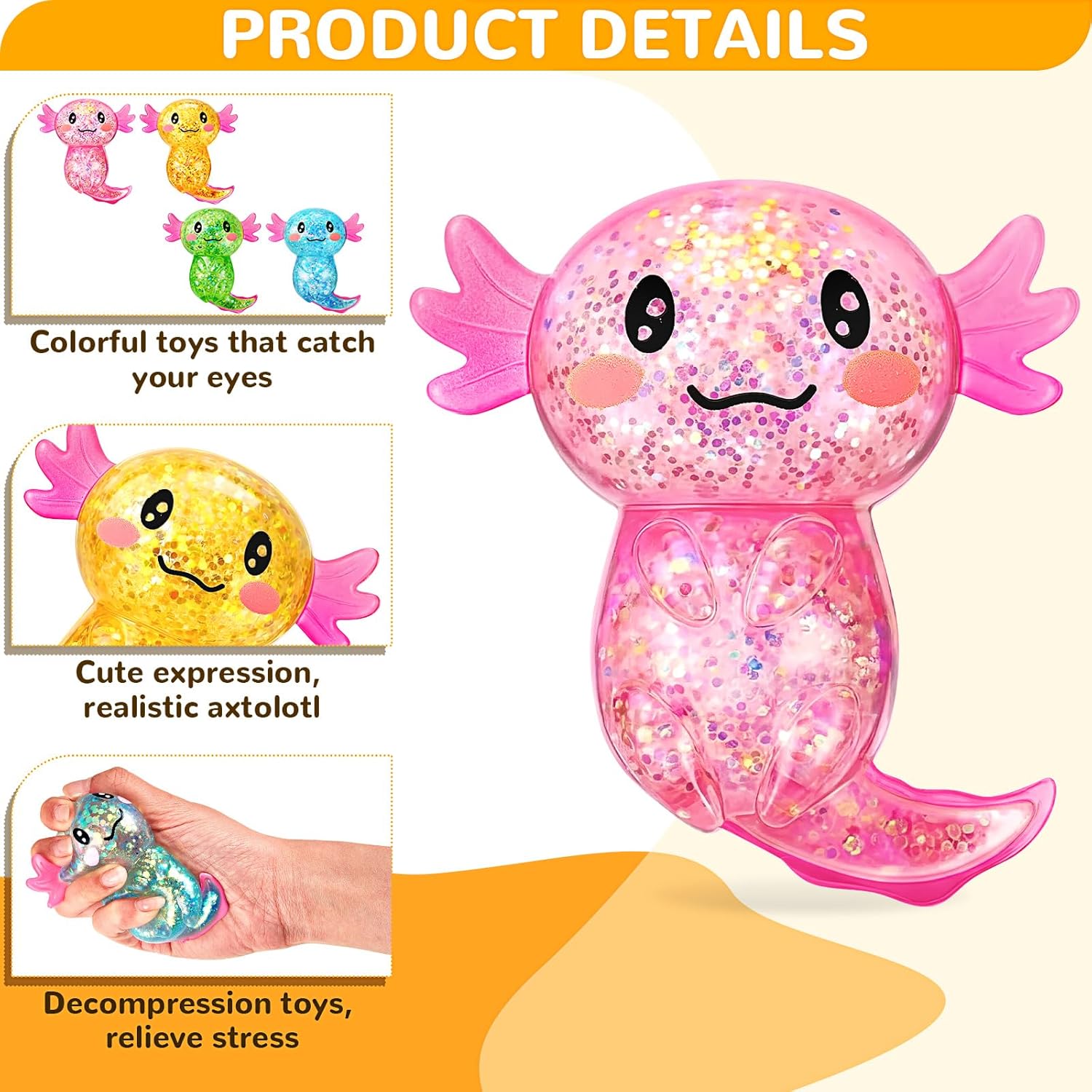 Simgoing 4 Pcs Axolotl Stress Toy Squeeze Axolotl Party Favors Malt Sugar Filled Stretchy Fidget Stress Ball Sensory Toys for Adults Soothing Graduation Birthday Party Gift