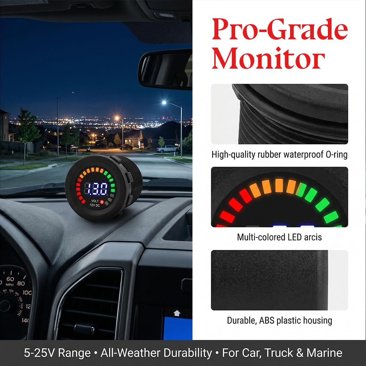 Car Battery Voltage Meter, Waterproof Round, 12V, Digital Display image 3