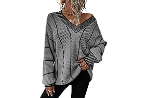 YesStyle Womens Clothing Oversized Striped Tunic Sweaters Casual V Neck Long Sleeve Knit Pullover Jumper