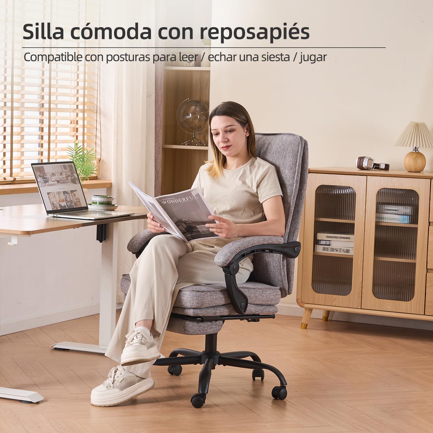 MZLEE Silla Escritorio con Reposapiés, Silla Oficina Reclinable, Gris
