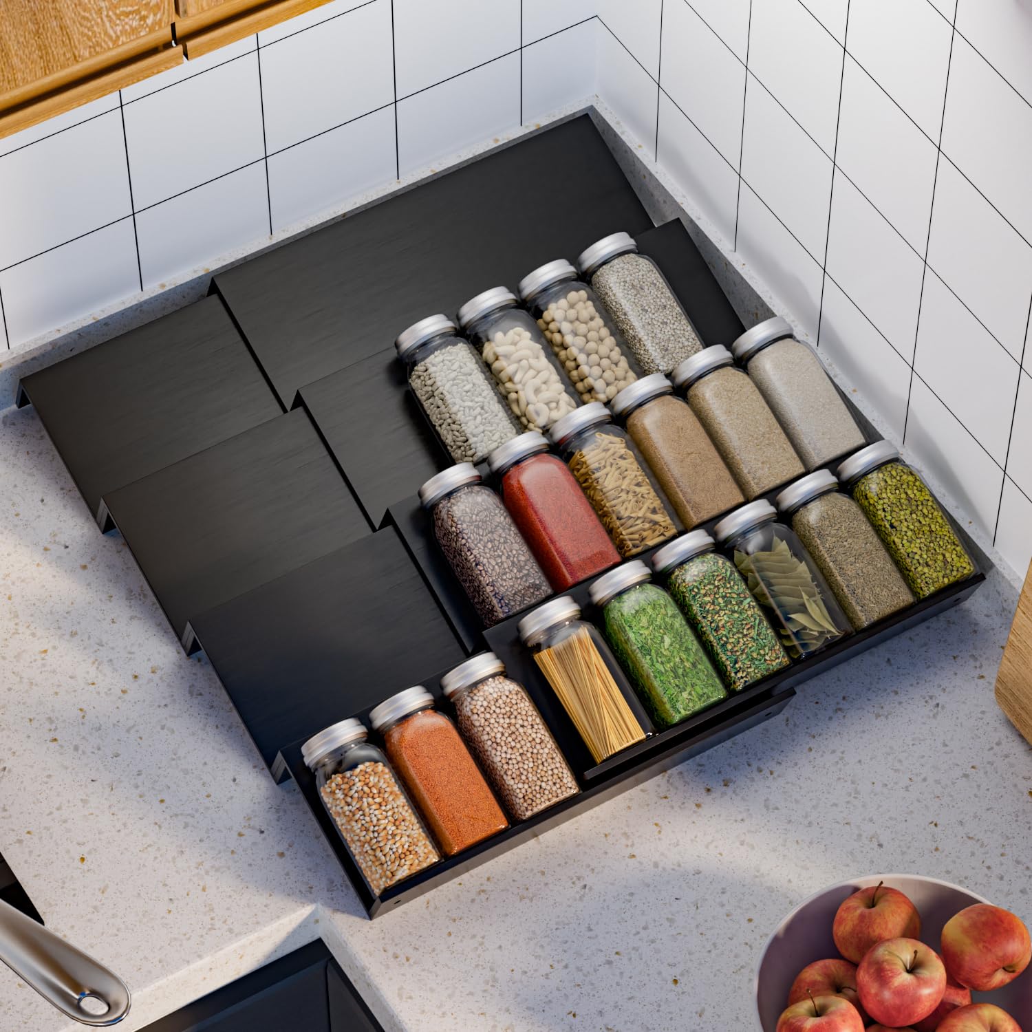 Lot de 8 étagères à épices de tiroir - Système de rangement extensible de 30 cm à 60 cm - Pour cuisine, armoire, plan de travail - Noir