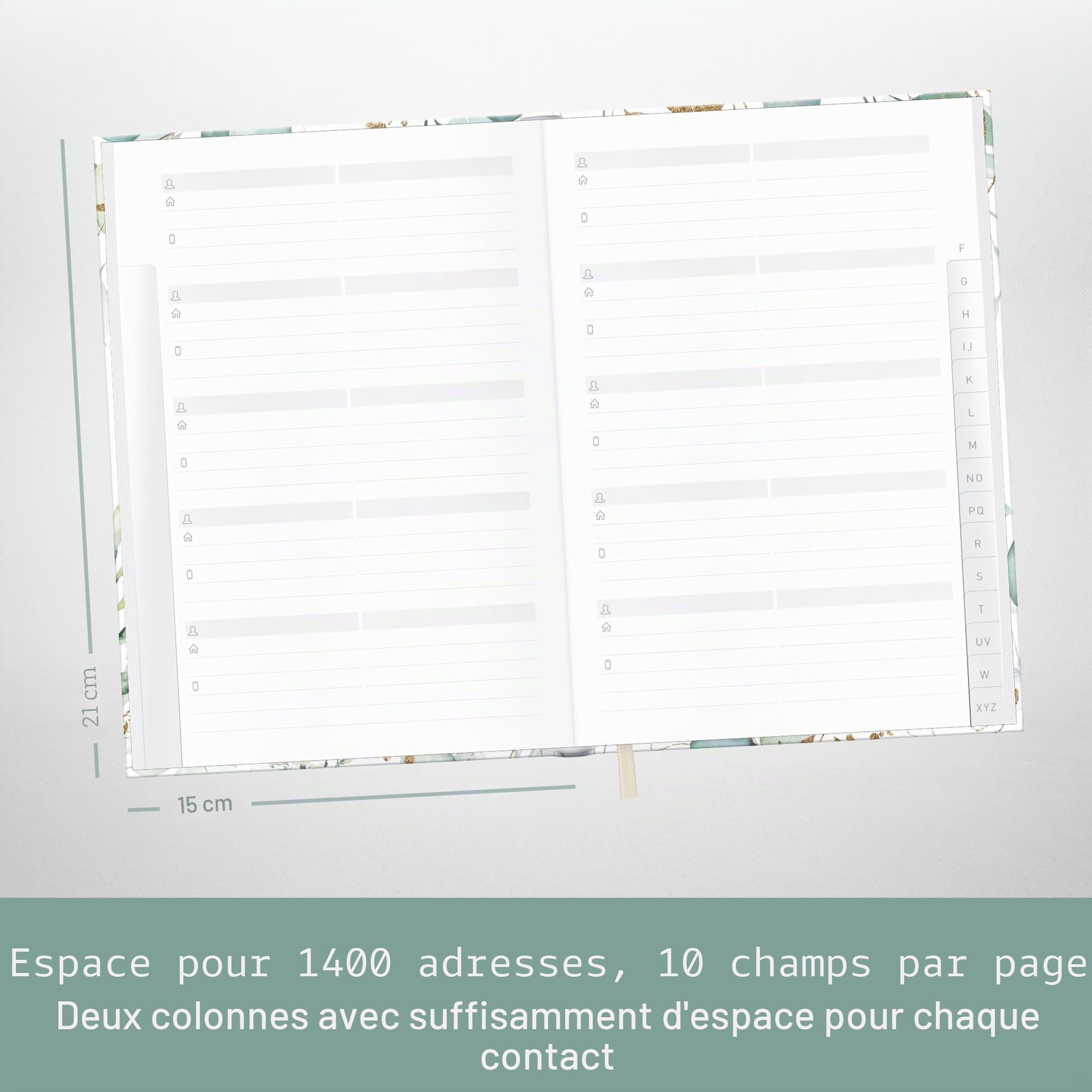 Carnet d'adresses A5 avec onglet A-Z Feuille d'or - durable et respectueux du climat
