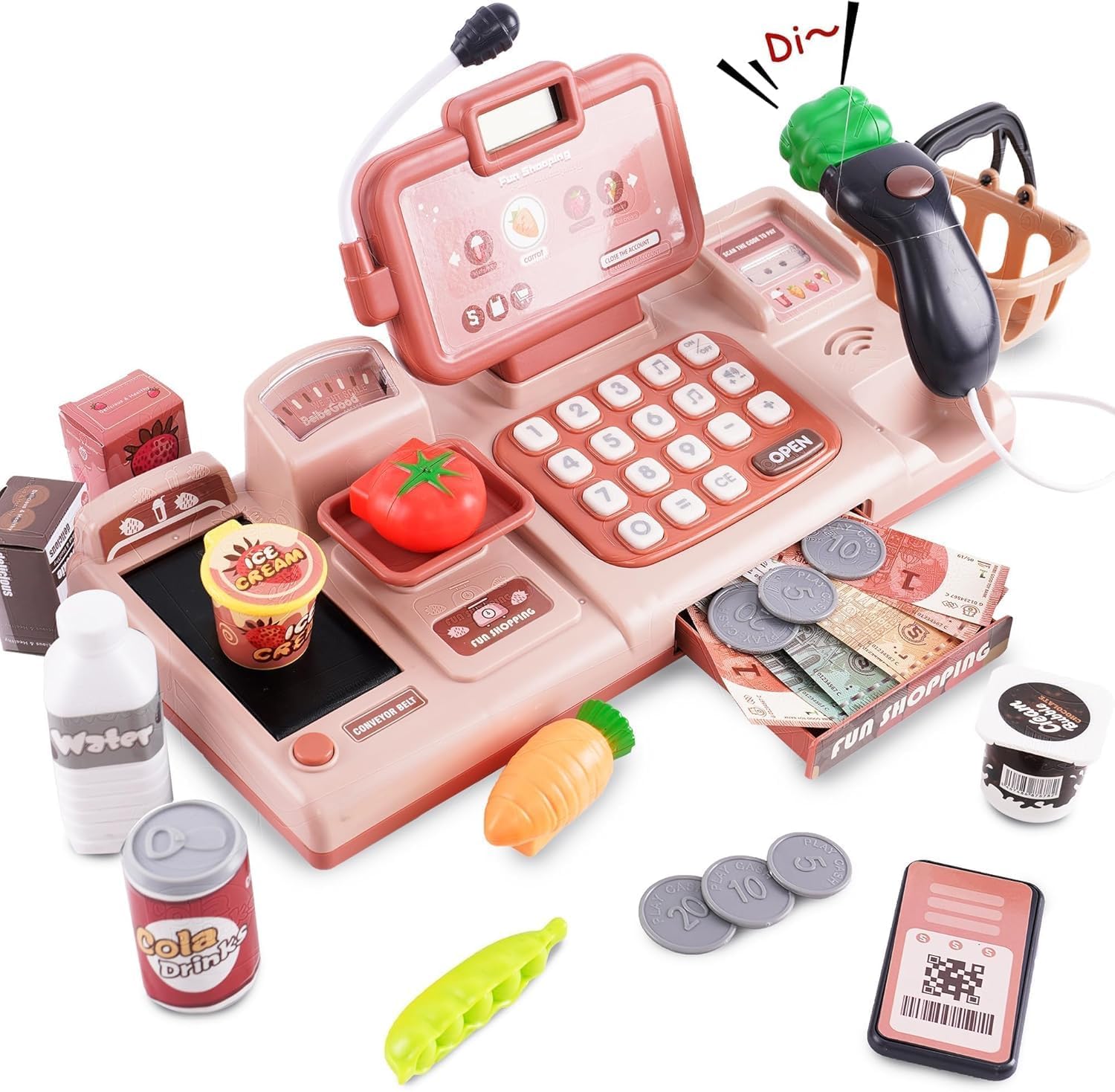pretend play calculator cash register toy with sound,microphone,scanner,credit card and conve belt play food classic count toy preschool gift for kids boys girls 3 4 5 6 7 8 years