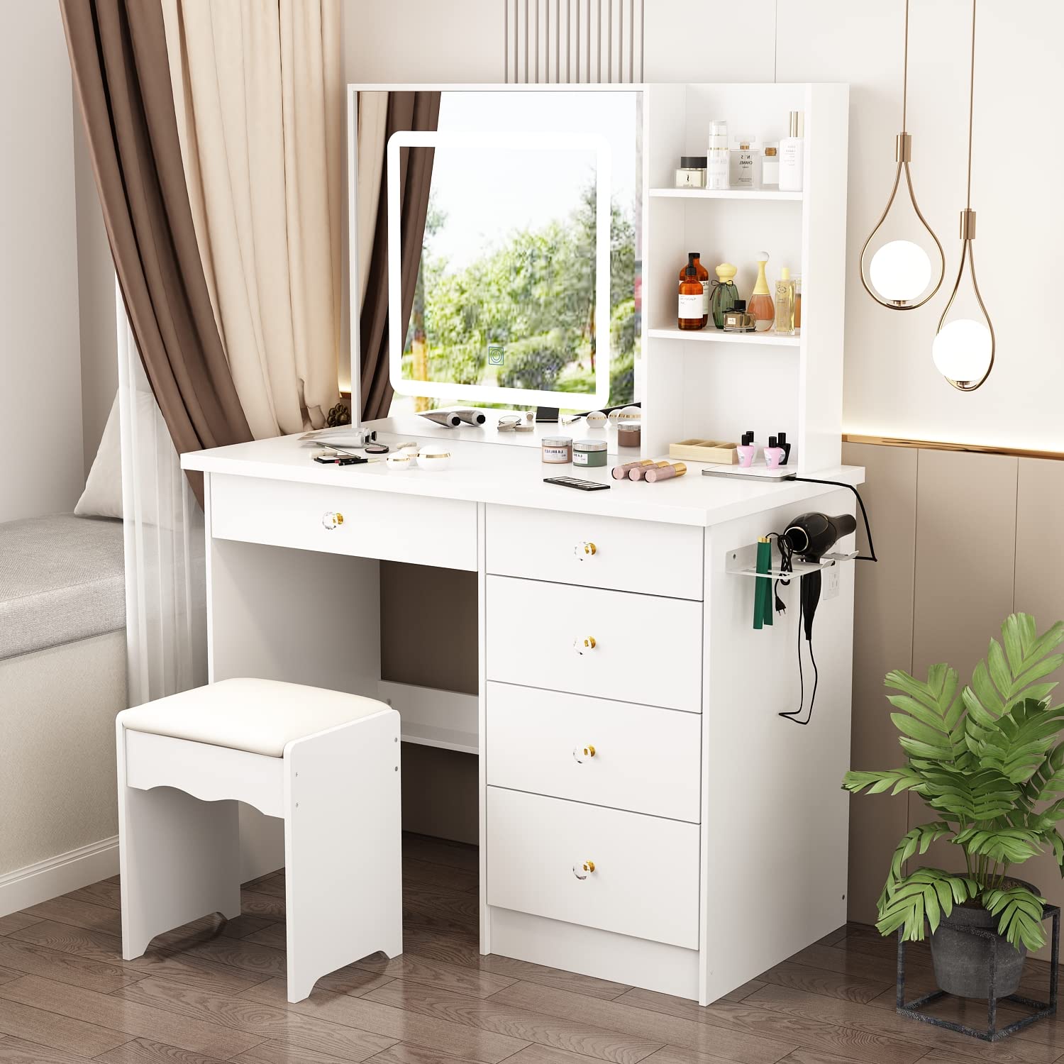 Homsee Vanity Desk Set Makeup Table with Large Lighted Mirror, Power Strip and Hair Dryer Holder, Dressing Table with Drawers, Storage Shelves & Stool for Bedroom, White