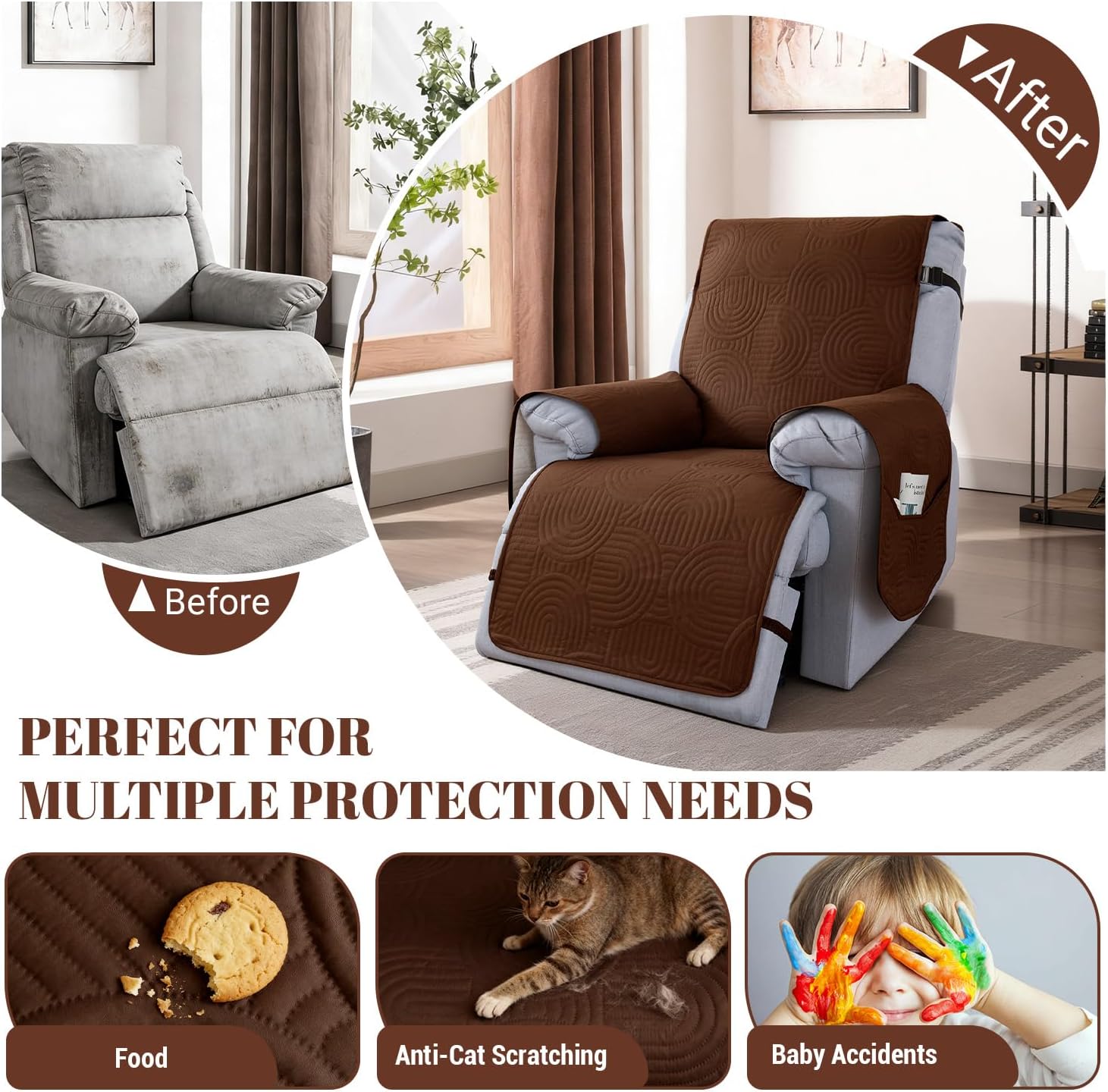 100% Waterproof Recliner Chair Cover,Non Slip Covers for Recliner Chair Washable Dog Chair Cover Furniture Protector with Pocket, Elastic Straps for Kids, Dogs, Pets (Brown, 23.6'')