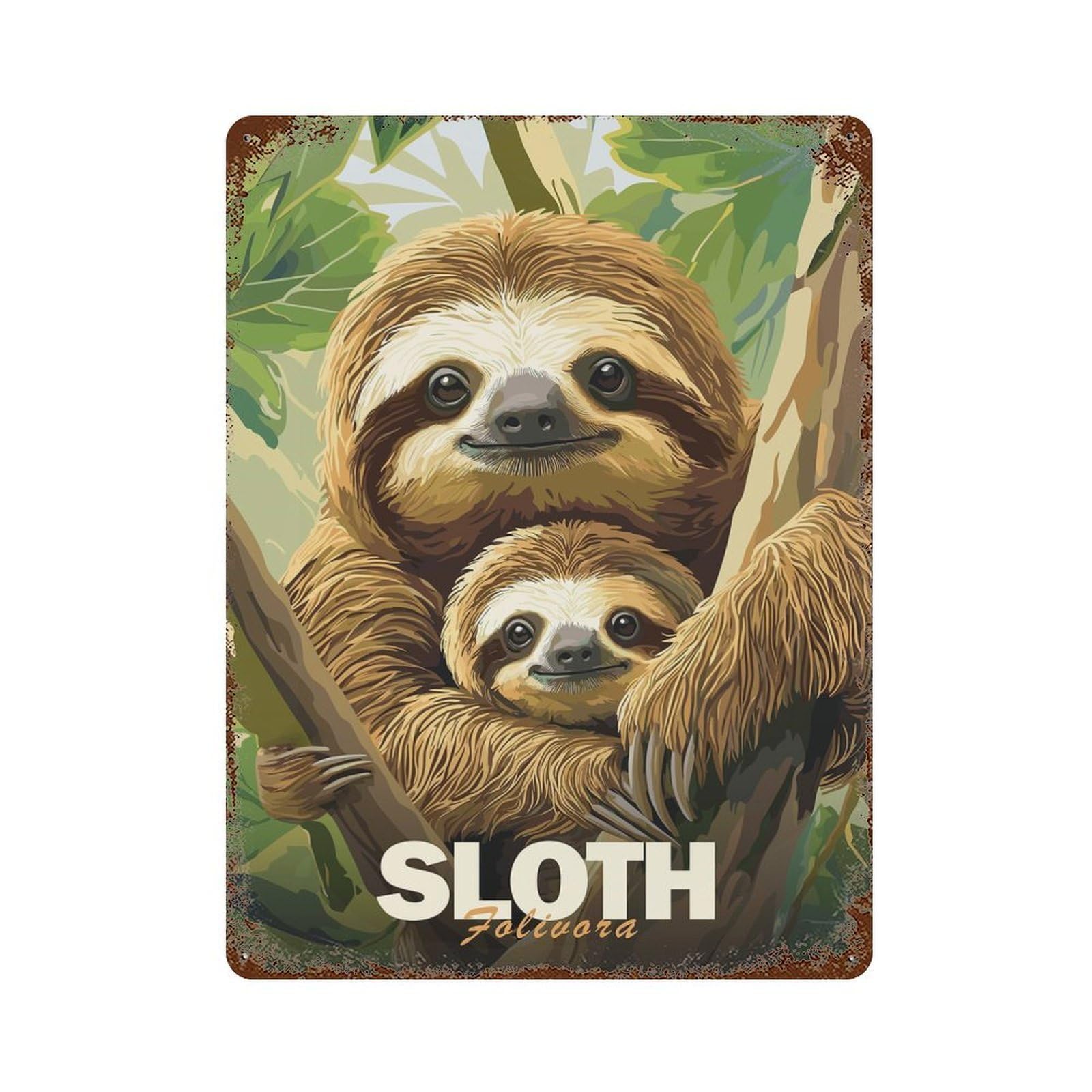 Sloth Mom And Baby Rust Effect Tin Sign 15.7"x11.8", for Bistro, Counter And Cafe Decor, Decorative Metal Wall Art