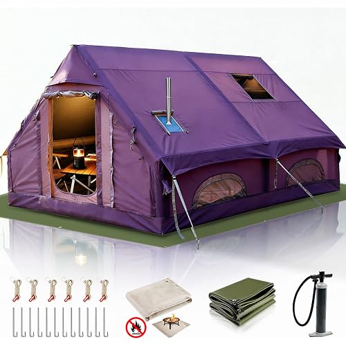 Inflatable Camping Tents 4/6/8/10 Person, Large Inflatable Hot Tent with Stove Jack, 4 Season Blow up Tent with Waterproof Canopy/Ground Tarp, Anti-Moisture Matress for Camping Outdoors