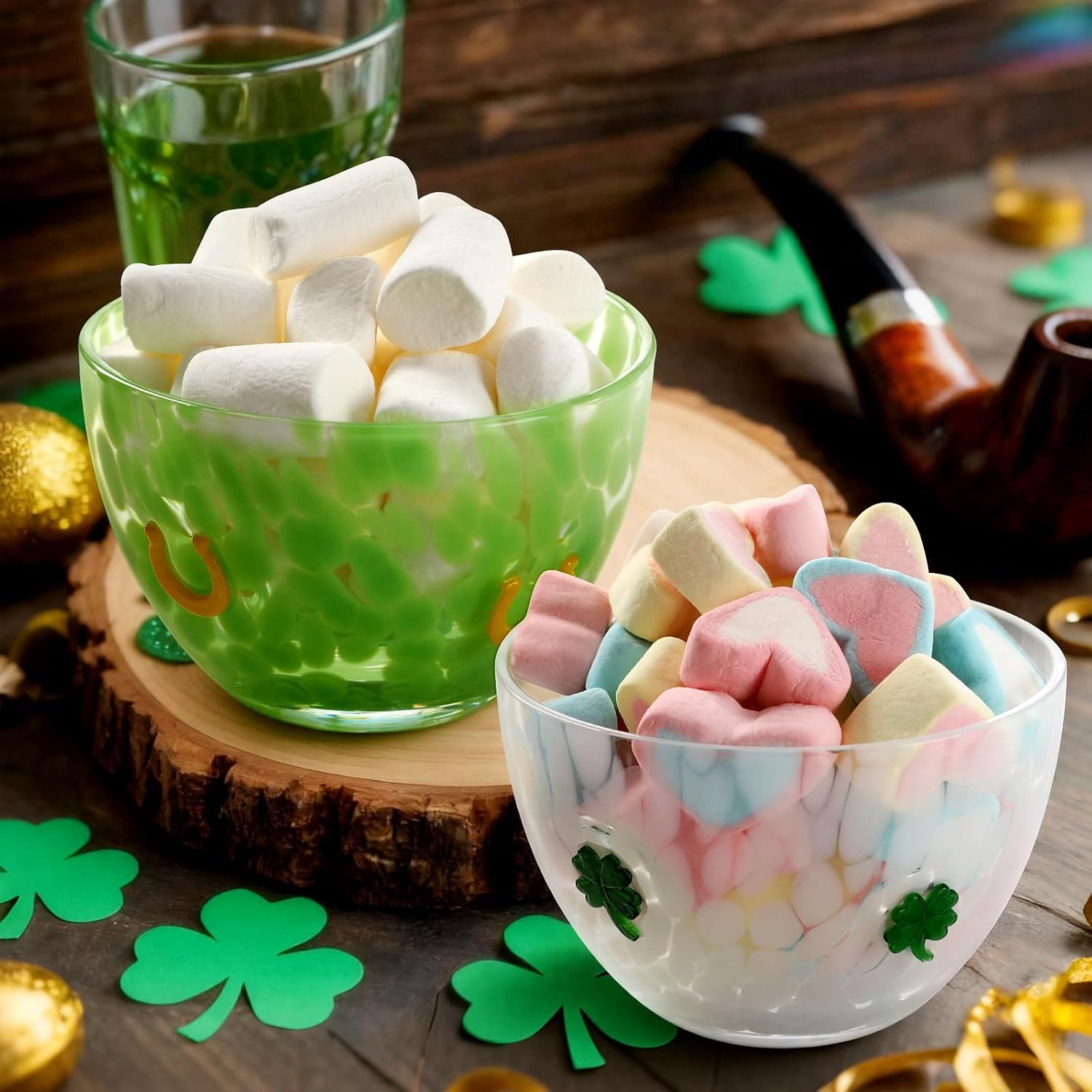 FoldTier 2 Pcs St. Patrick's Day Candy Bowls Dish, 14oz Shamrock Glass Double Old Fashioned Serving Bowls with Green Clover Design for Snacks Dessert Cookie Lucky Irish Party Table Decoration
