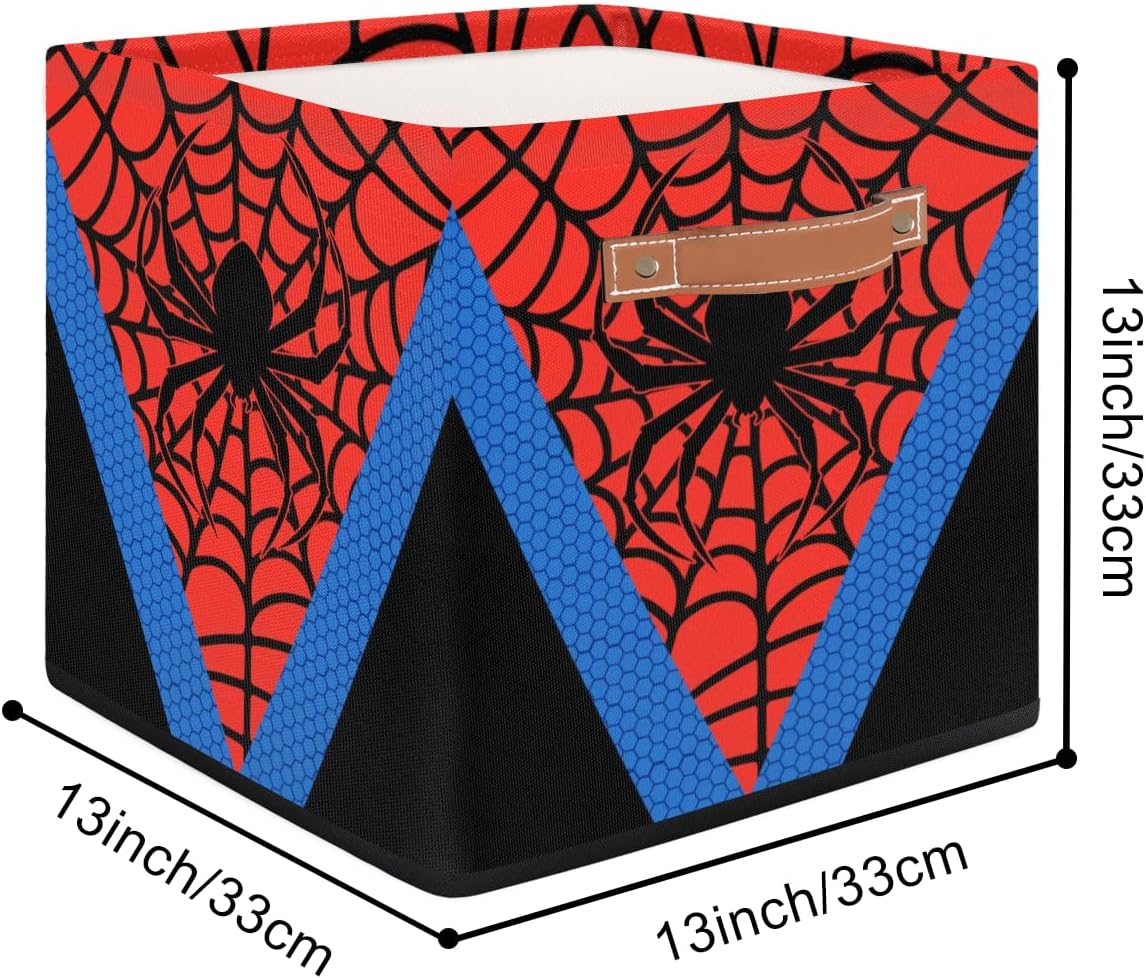 Storage Bin Closet Organizer Bins with Handles, Decorative Collapsible Canvas Cube Storage Baskets for Nursery Shelf, Clothes, Toy, Towel, Book, 13"x 13", Blue Red Spider Web, Polyester