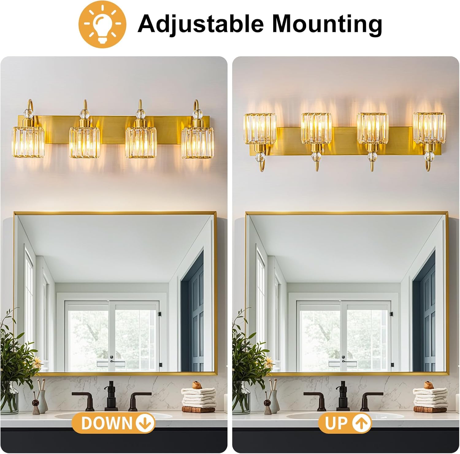 WILON Crystal Vanity Light, 4 Light Gold Crystal Vanity Lights – Bathroom Light Fixtures Over Mirror with Square Shade Wall Sconce for Bathroom, Vanity Mirror, Hallway (Bulbs Not Included)