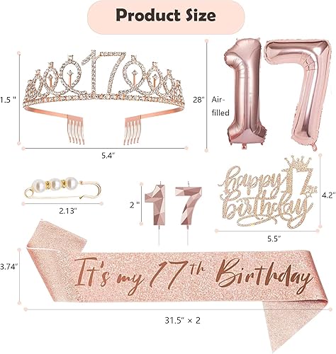 Miniatura 4 de 8 decoraciones de cumpleaños número 17 para niñas, incluye adorno para pastel de cumpleaños de 17 años, banda de reina de cumpleaños con alfiler de