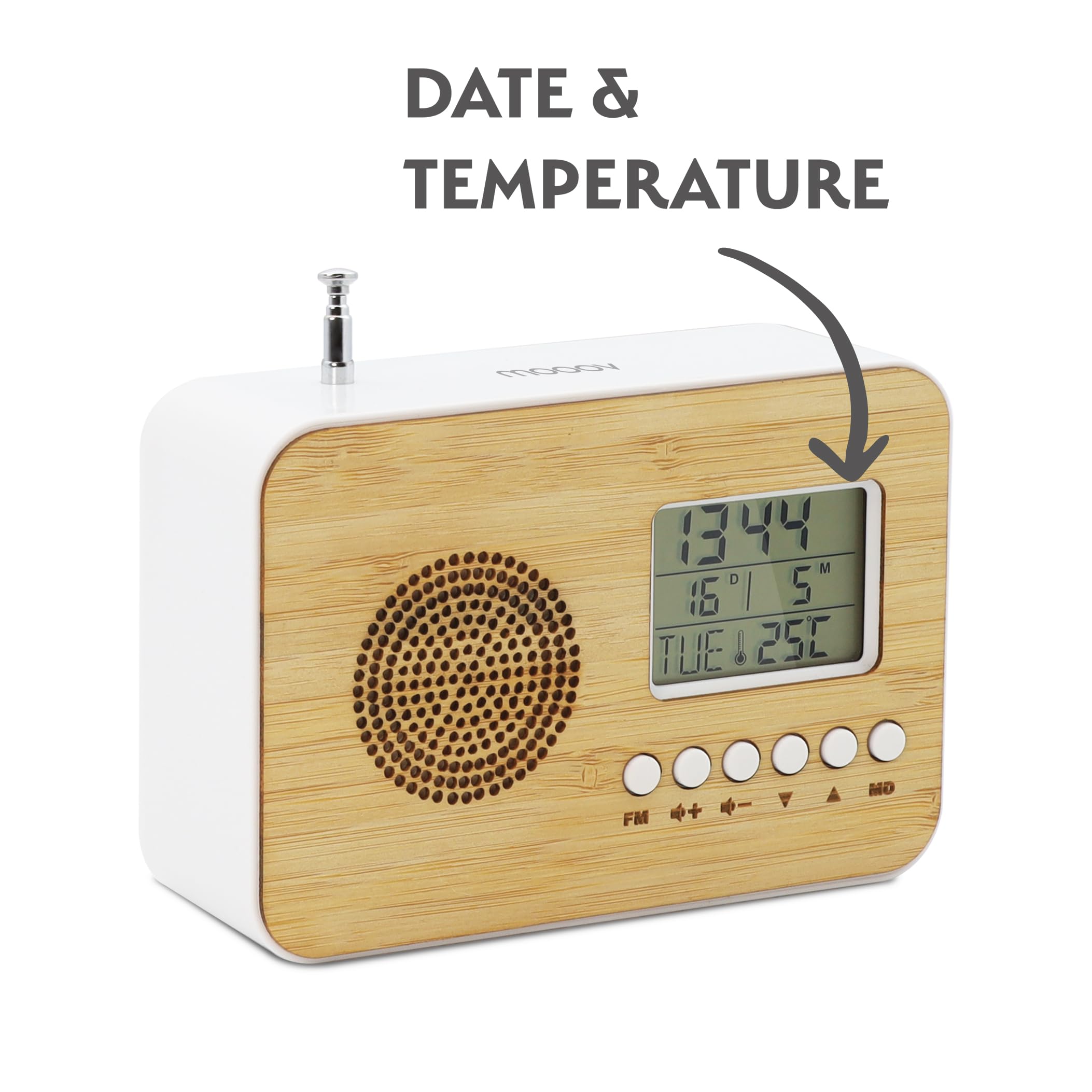 mooov, Réveil de Voyage Bamboo, Écran LCD, Radio Intégrée, Fonction Sleep, Affichage Température Intérieure, Fonctionne avec 2 Piles AAA - 477320