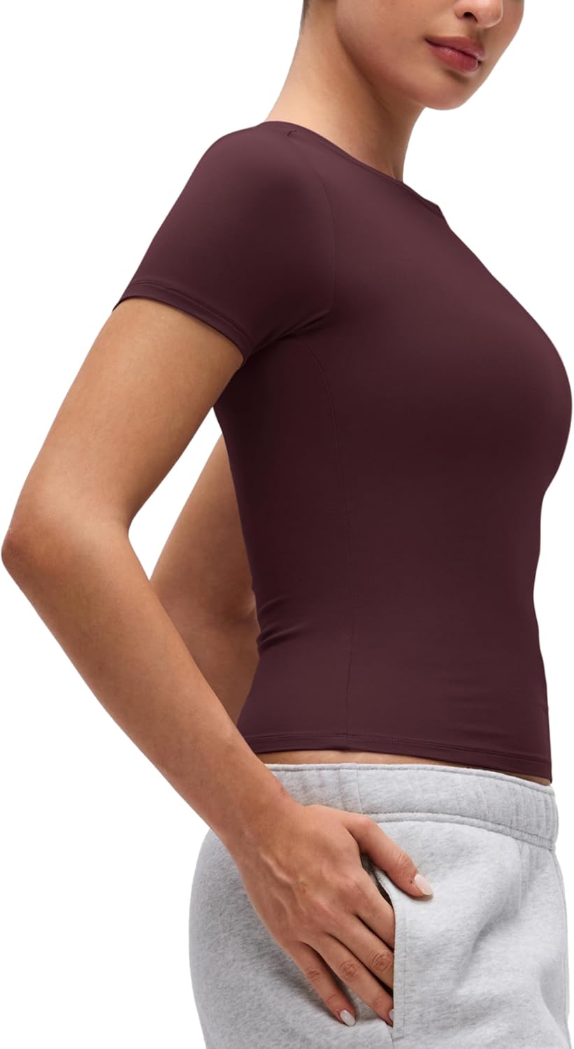 CRZ YOGA Softembrace High Neck Tops for Women - Soft Casual Going Out Shirts Crewneck Tight Basic Short Sleeve T-Shirt