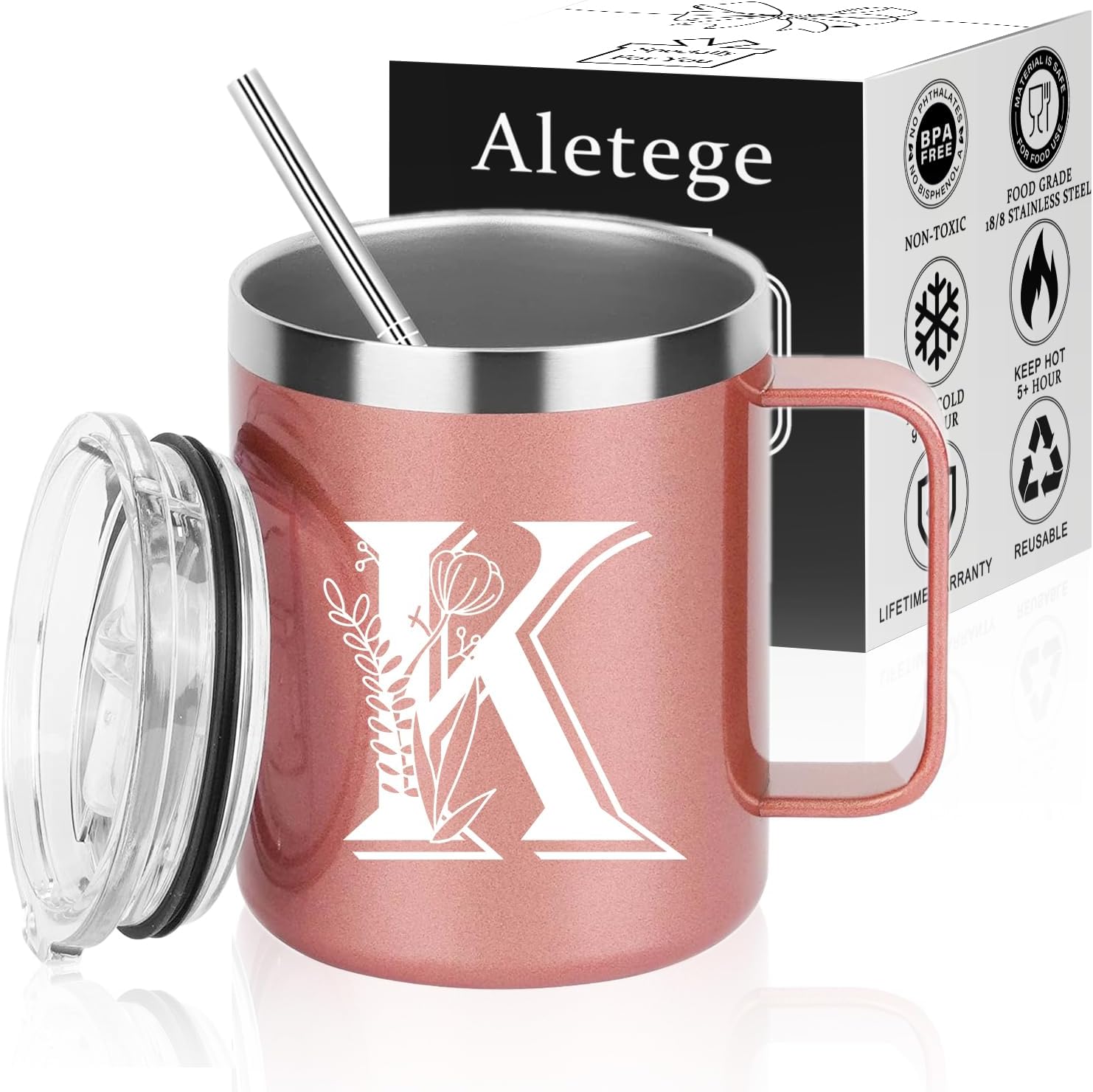 Letter K Insulated Coffee Mug with Lid and Handle, Personalized Initial Mugs for Women, Letter K Gift Coffee Mugs for Women, Wife, Mom, Grandma, Bridal Shower Gifts, 12 OZ Rose Gold
