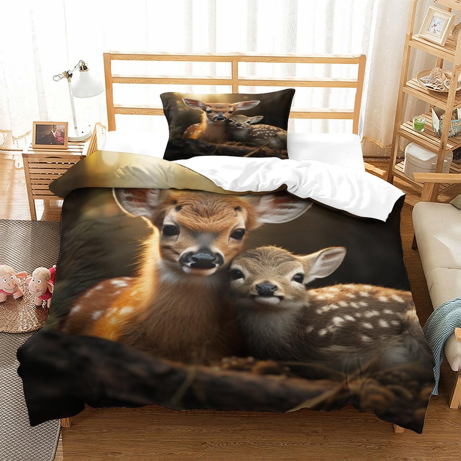 P1S9U7W5Y Woodland Deer 3D Printed Microfiber 3 Piece Duvet Cover Set for Adults Bedroom Decor Fawn Bedding Set All Seasons Single（135x200cm）