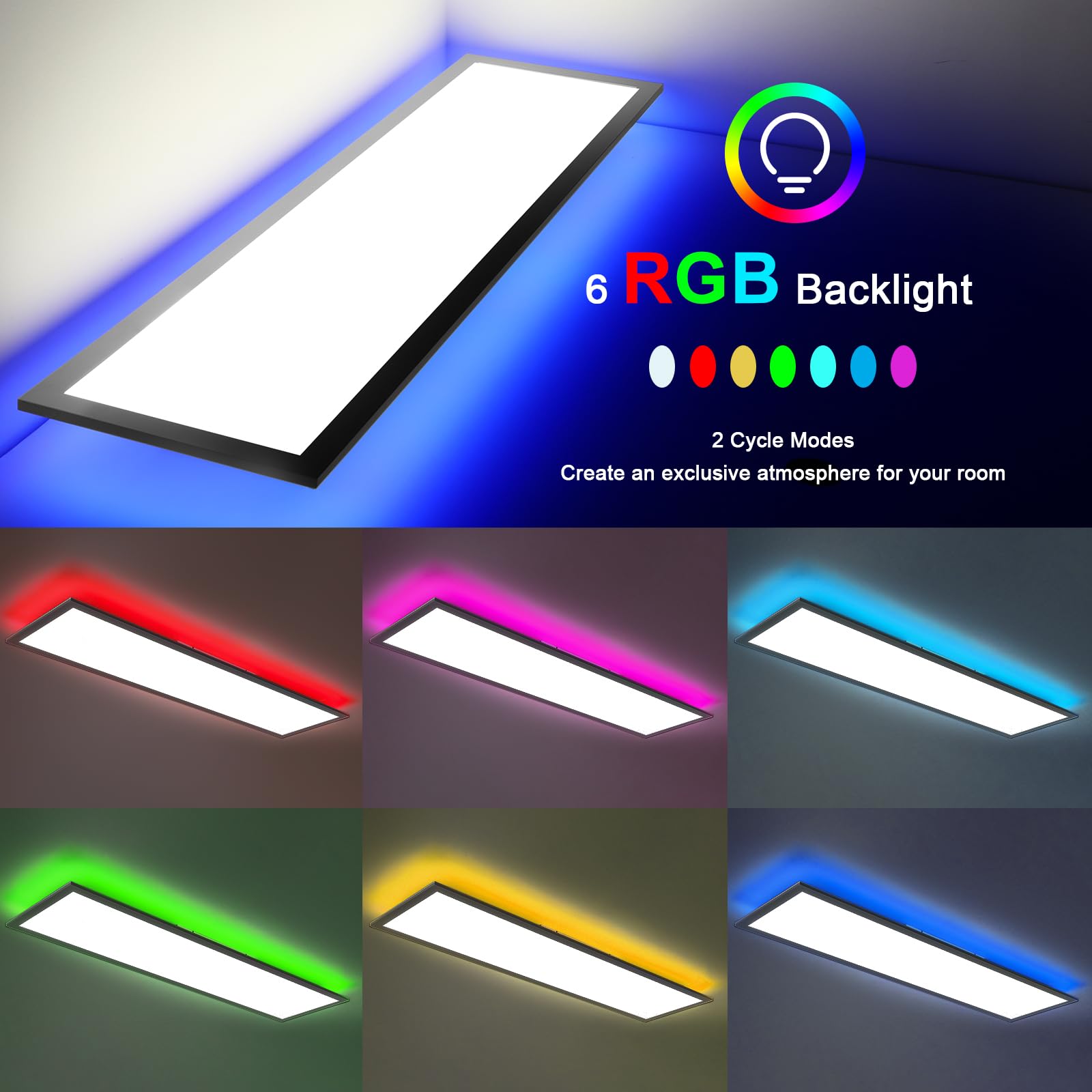Oraymin Plafonnier LED 120x30 cm 40W 4800 lm RVB avec télécommande 3000K-6500K