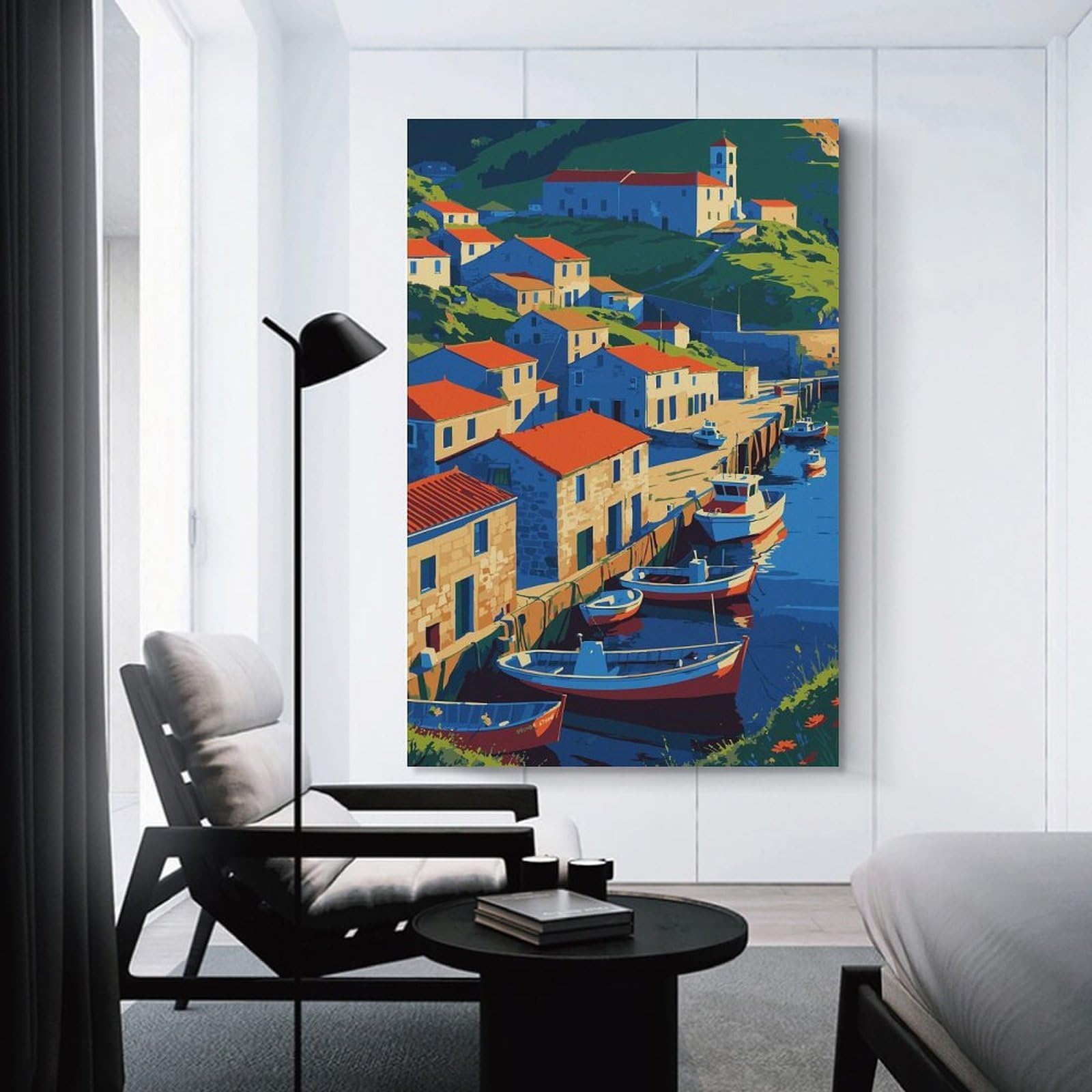 Junmoney Wall Art Print Coastal Village with Boats And Red Roofs, 24x36inch(60x90cm), for Living Room, Bedroom Or Apartment Walls, Modern Wall Decor for Cosy Interiors