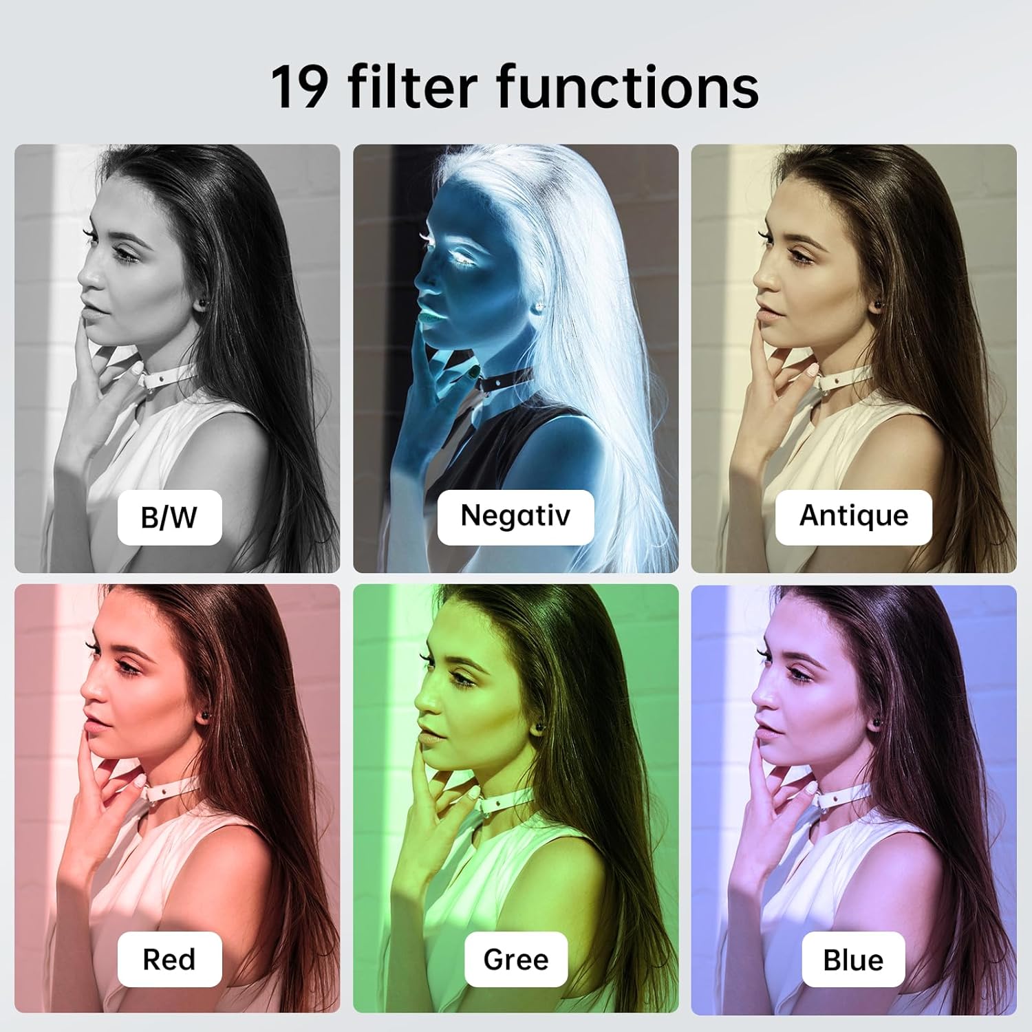 Grid display of 19 filter functions including B/W, Negative, Antique, Red, Green, and Blue, applied to a portrait.