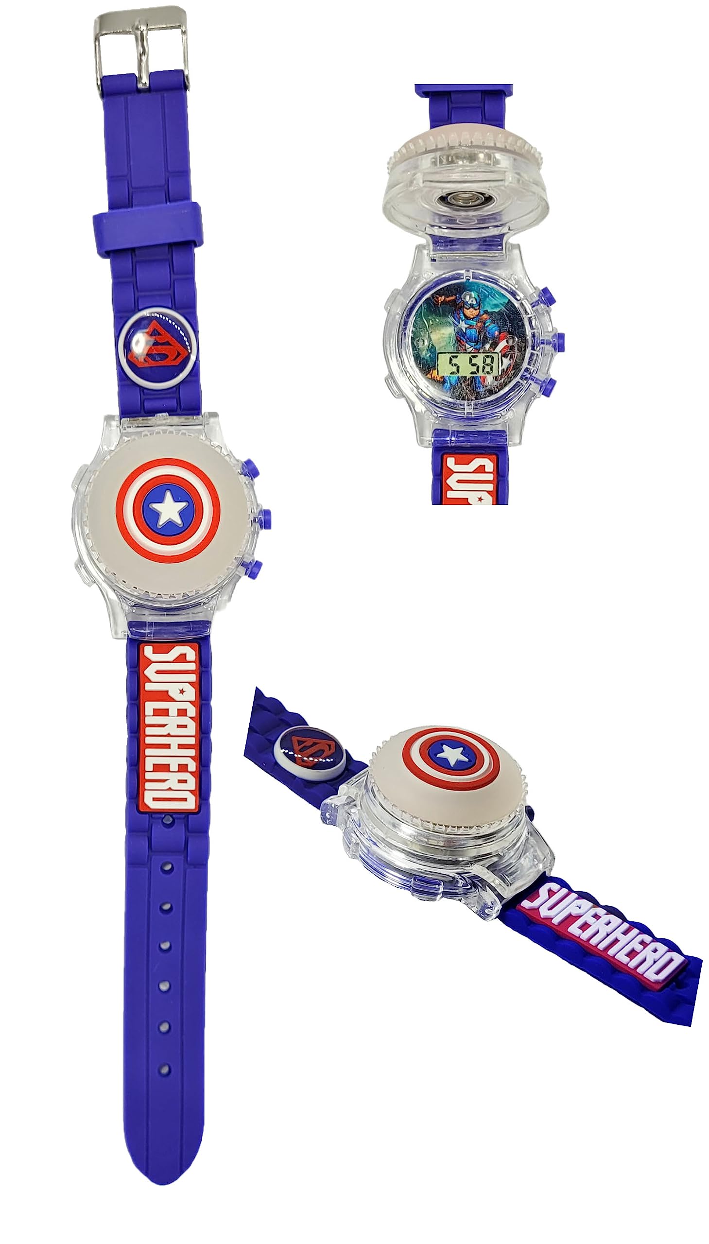 GenericDreamy Designs Soft Rubber Silicone Music Disco Light with Spinner Cartoon Cap Cover Digital Kids Watch Non Breakable Wrist Watch - Pack of 1 Watch