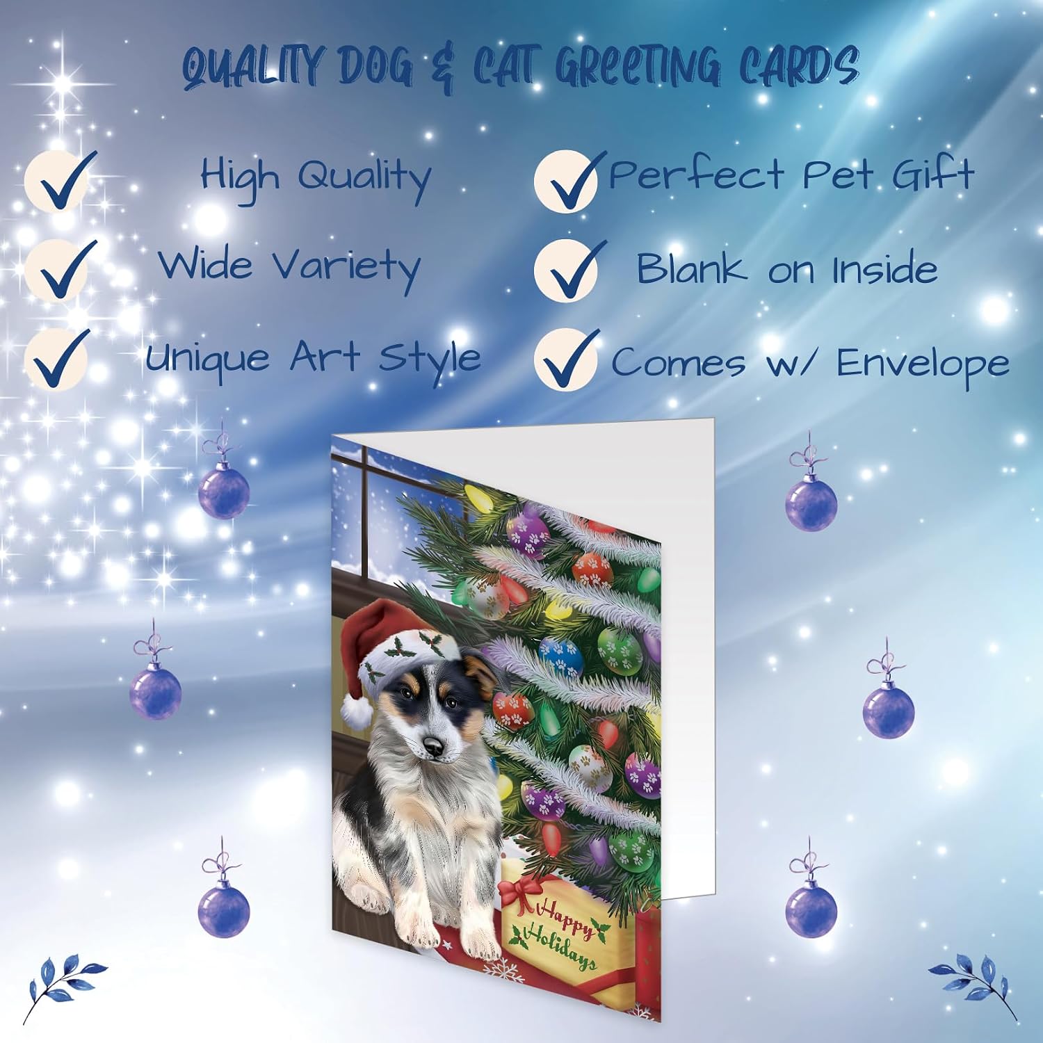 Doggie of the Day Christmas Tree and Presents Blue Heeler Dog Note Cards - Adorable Pets Invitation Cards with Envelopes - Pet Artwork Christmas Note Cards GCD64370 (10 Greeting Cards)