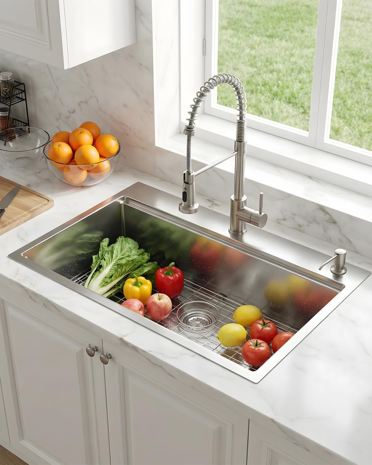 33-inch Workstation Undermount Kitchen Sink | T304 18 Gauge Stainless Steel Single Bowl Drop in Sink with Ledge Bottom Grid Strainer, for Kitchen Coffee Bar Outdoor (33" x 22", Dual Mount)